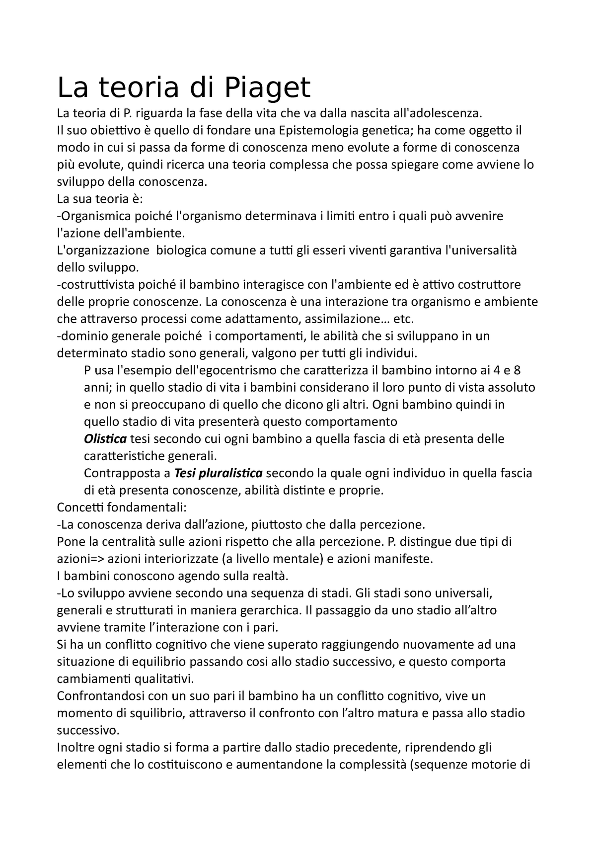 La teoria di Piaget Appunti per l esame di psicologia dello