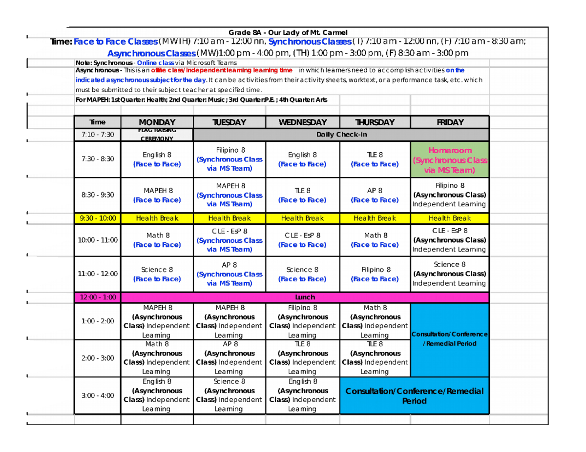 Class Schedule 8A OLMC - Civil Engineering - Xavier - Studocu