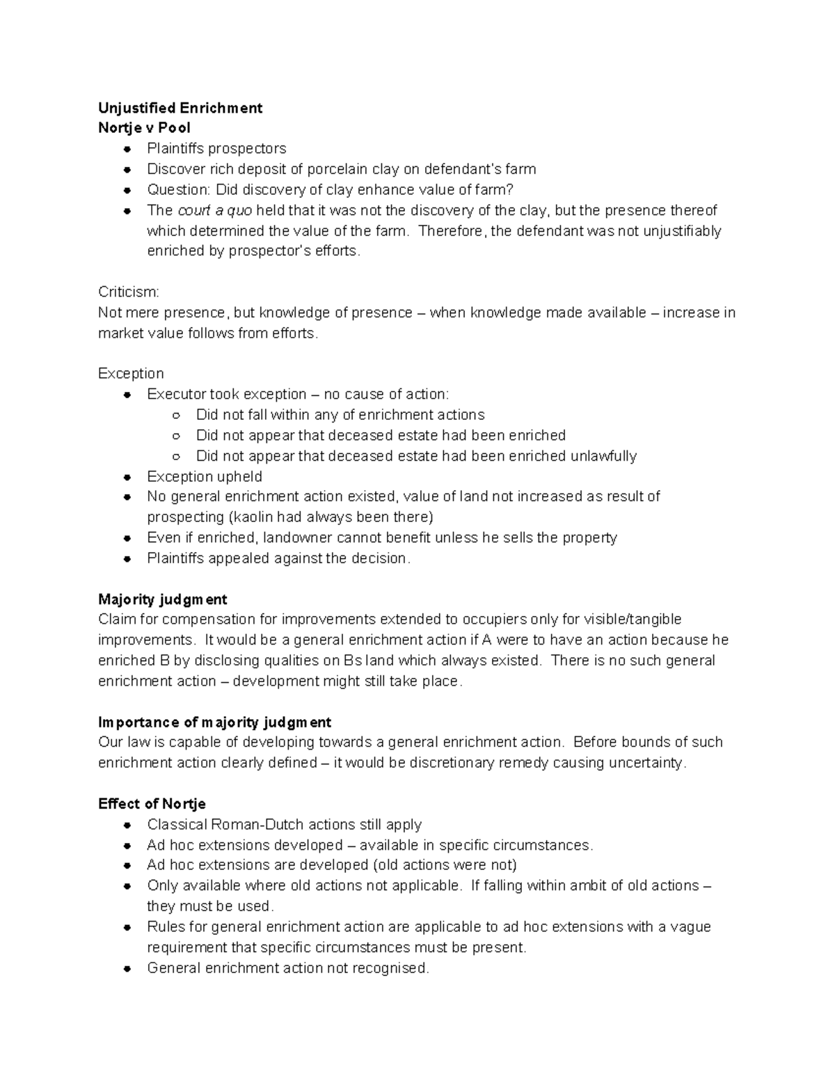 Unjustified Enrichment cases - Unjustified Enrichment Nortje v Pool ...