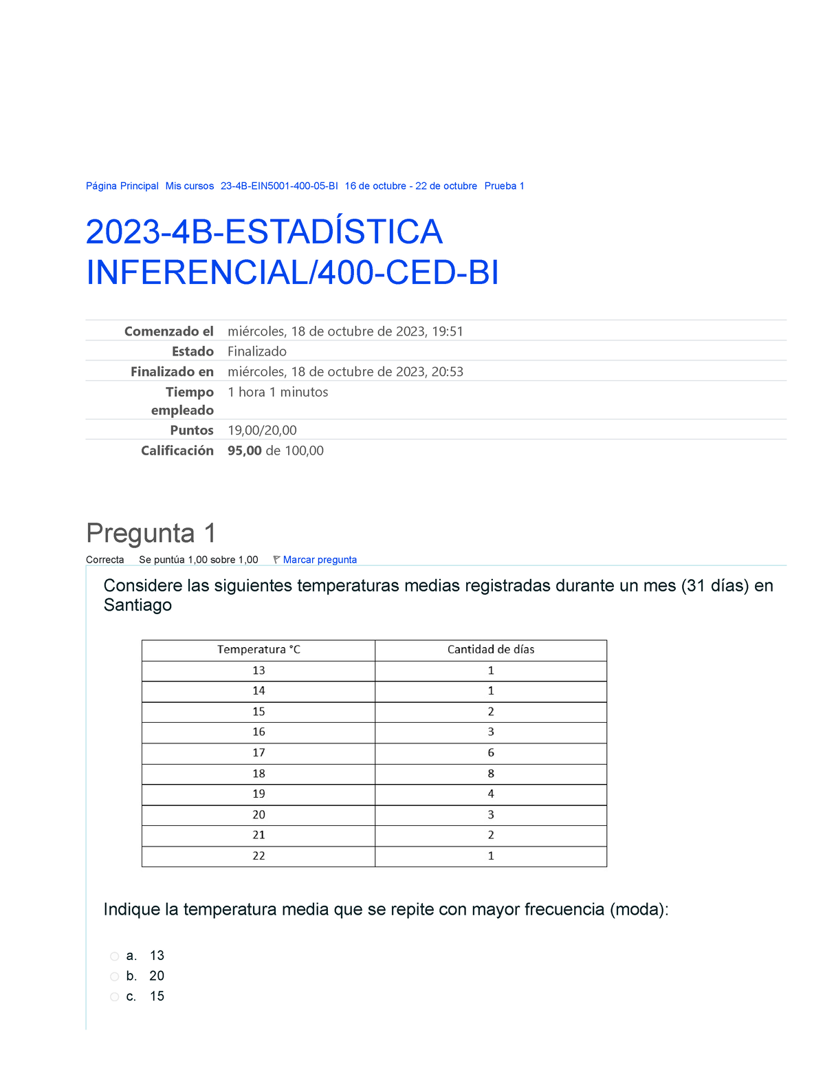 Prueba 1 Estadistica Inferencial - Página Principal Mis Cursos 23-4B ...