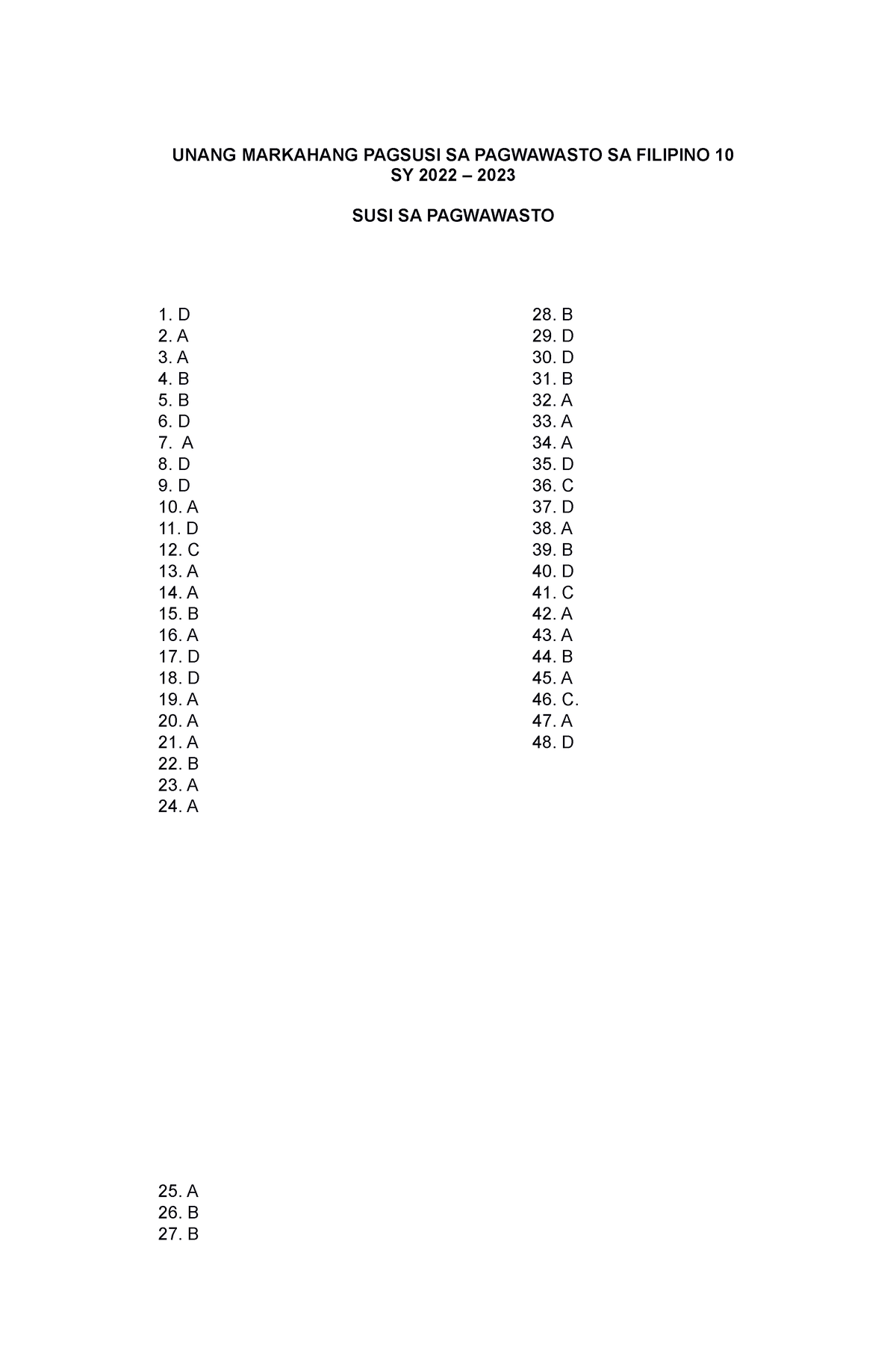 Unang Markahan Filipino 10 Answer KEY - UNANG MARKAHANG PAGSUSI SA ...