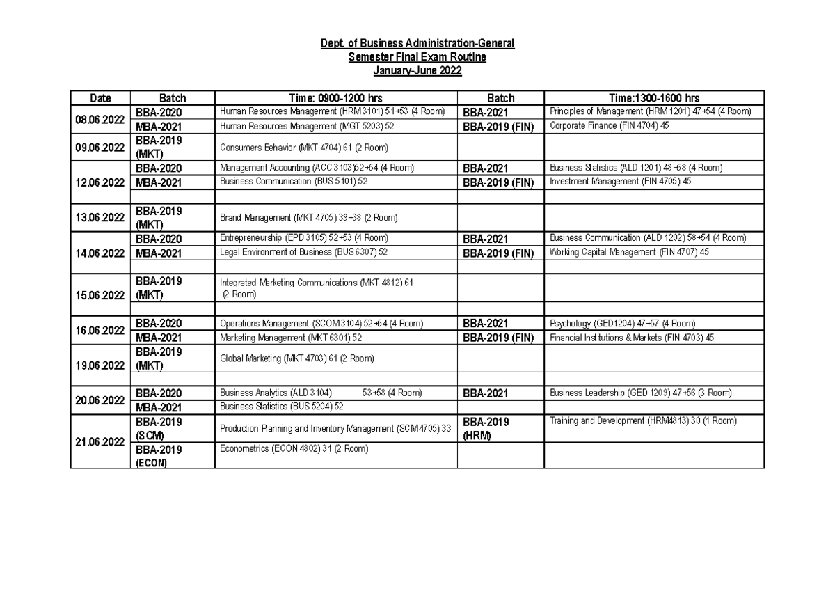 Exam Routine 2022 (Jan-June 2022) - Dept. of Business Administration ...