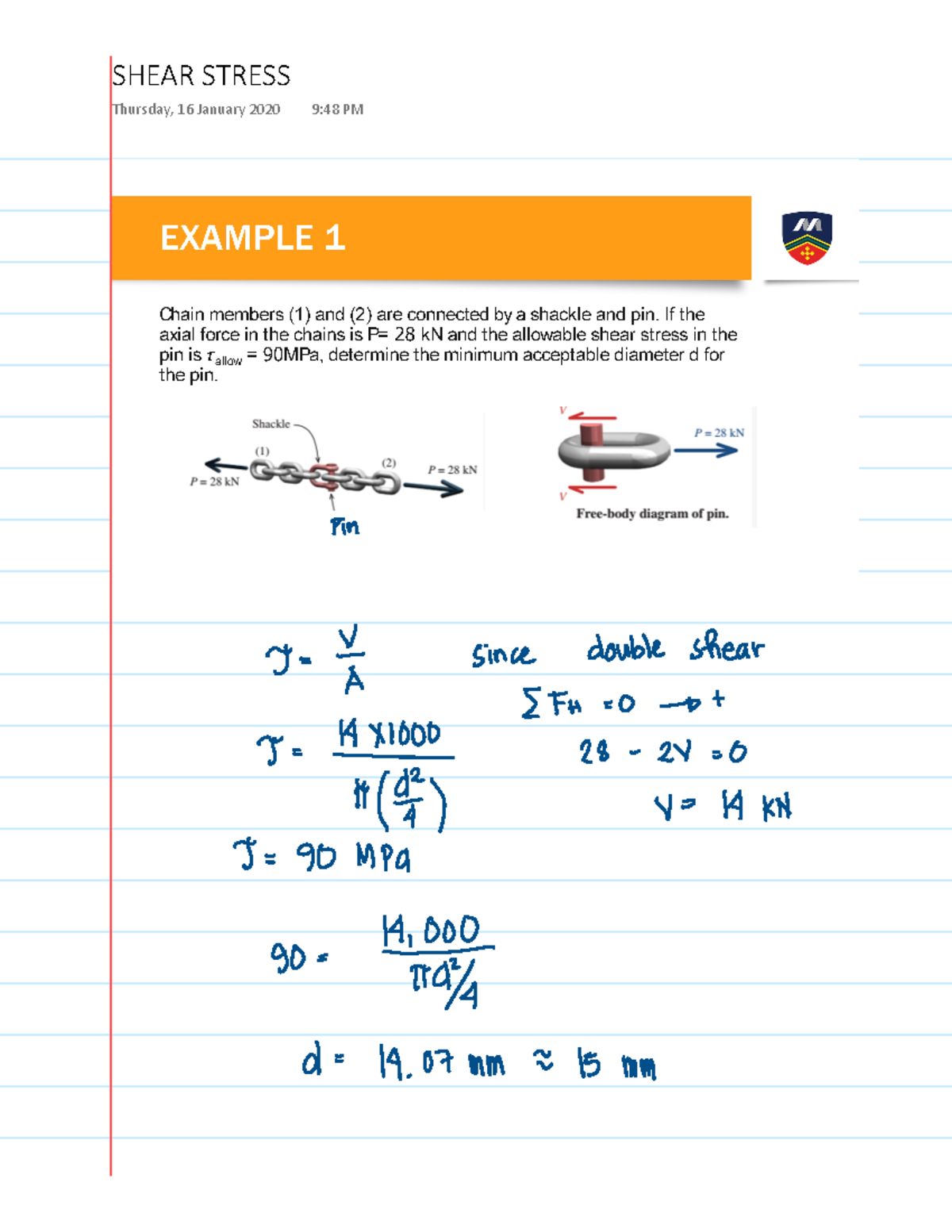 Example Shear Stress with solutions - strength of materials - ^, Z ^dZ ...