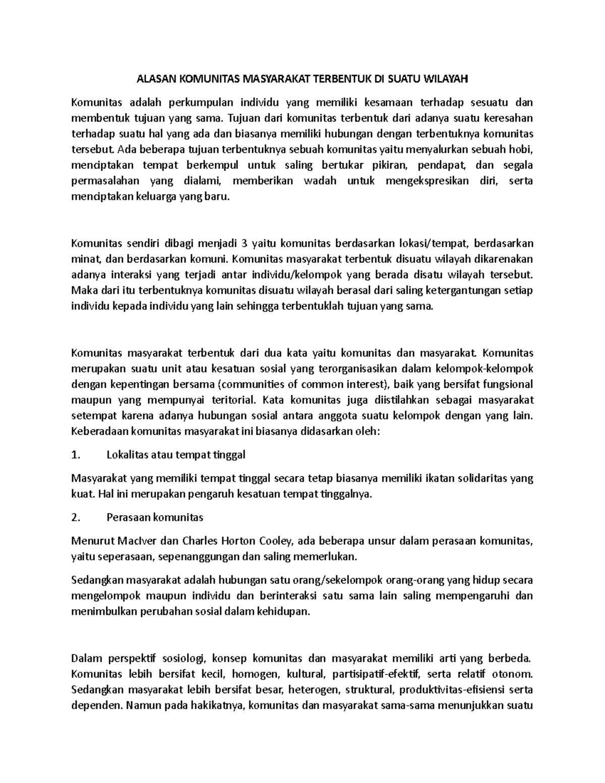 Alasan Komunitas Masyarakat Terbentuk di Suatu Wilayah - ALASAN