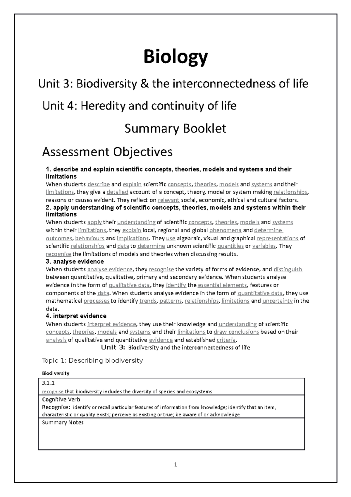 Study Guide Notes - Unit 3 And 4 - Biology Unit 3: Biodiversity & The ...