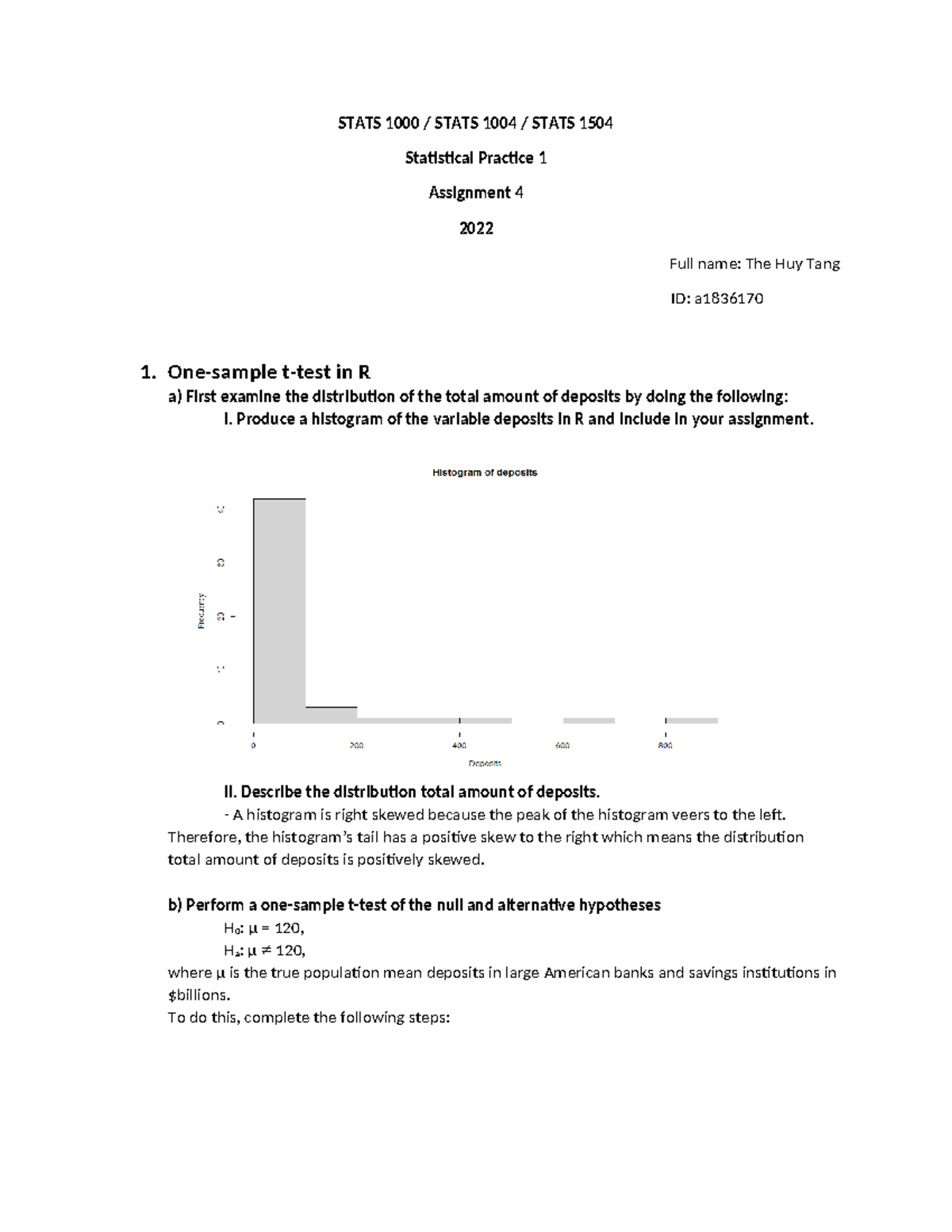 Statistic Assignment 4-The Huy Tang-a1836170 - STATS 1000 / STATS 1004 ...