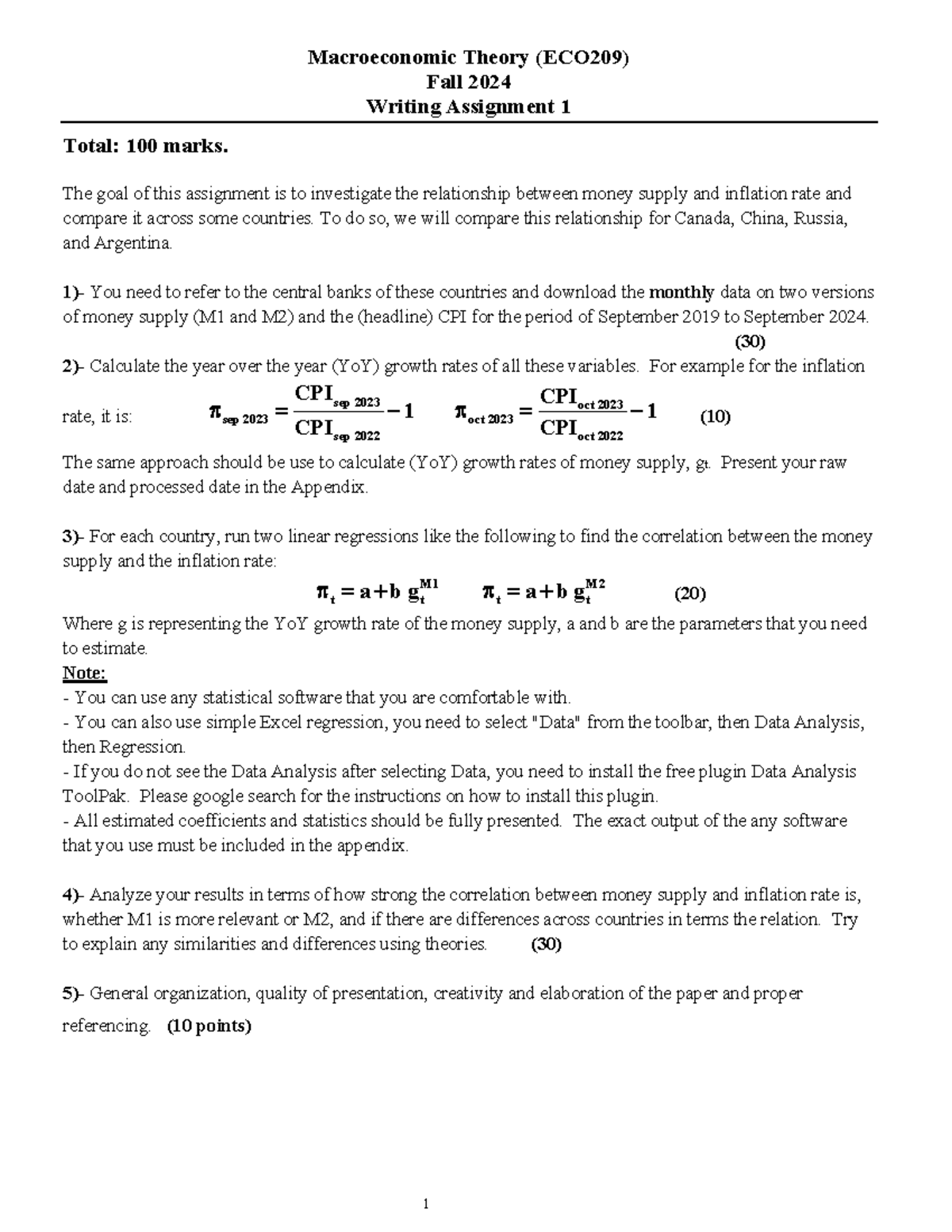 Writing Assignment 1 Fall 2024 - 1 Macroeconomic Theory (ECO209) Fall ...