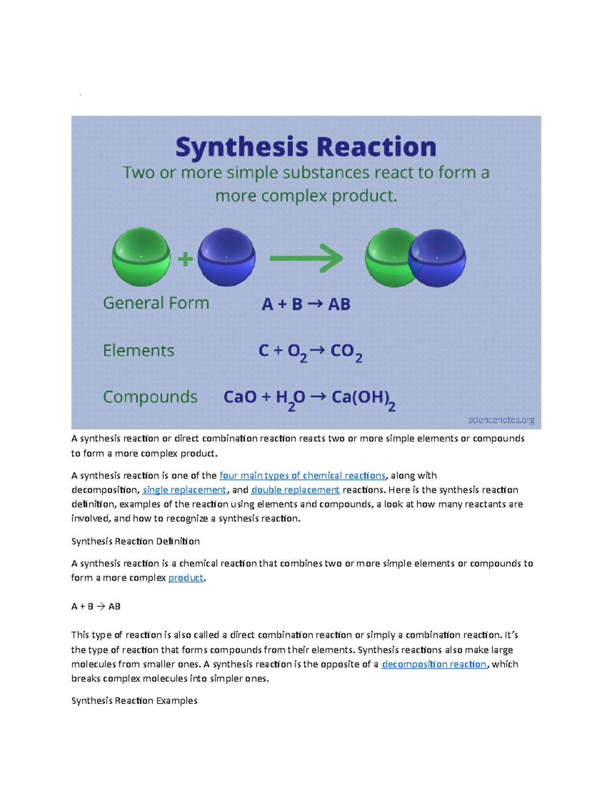 definition of synthesis reaction in science