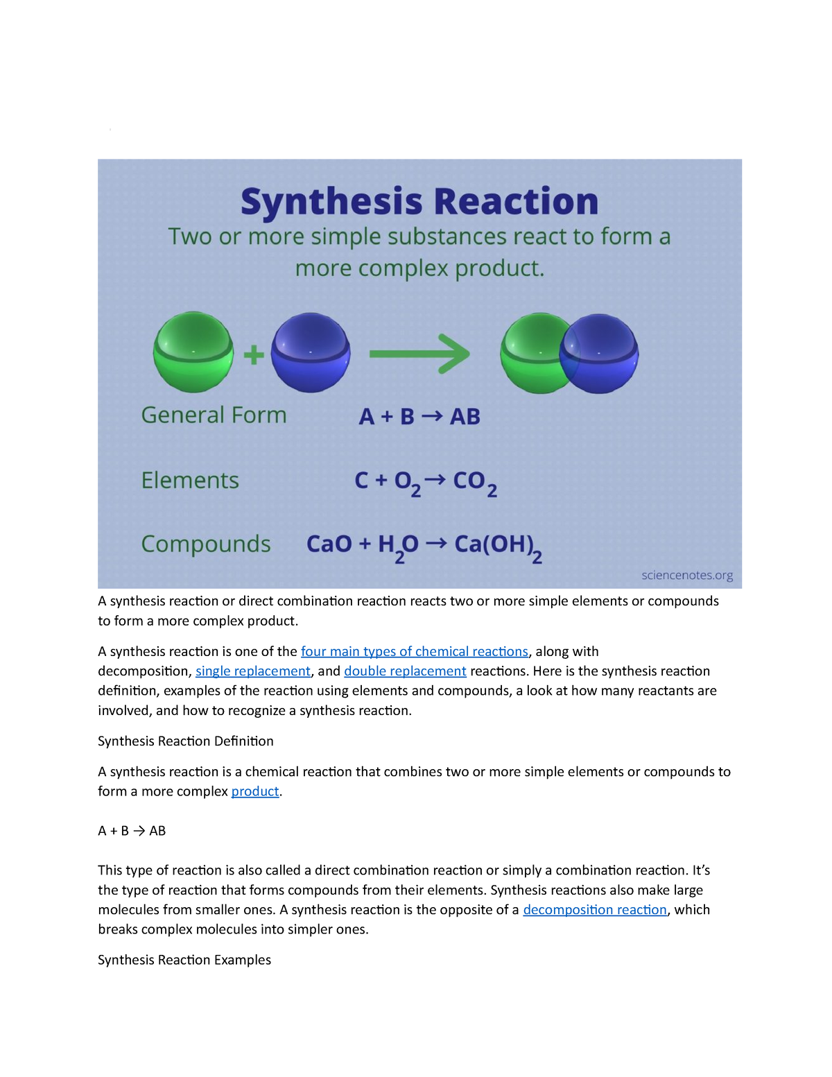 Synthesis CHEMICAL REACTION A Synthesis Reaction Or Direct 