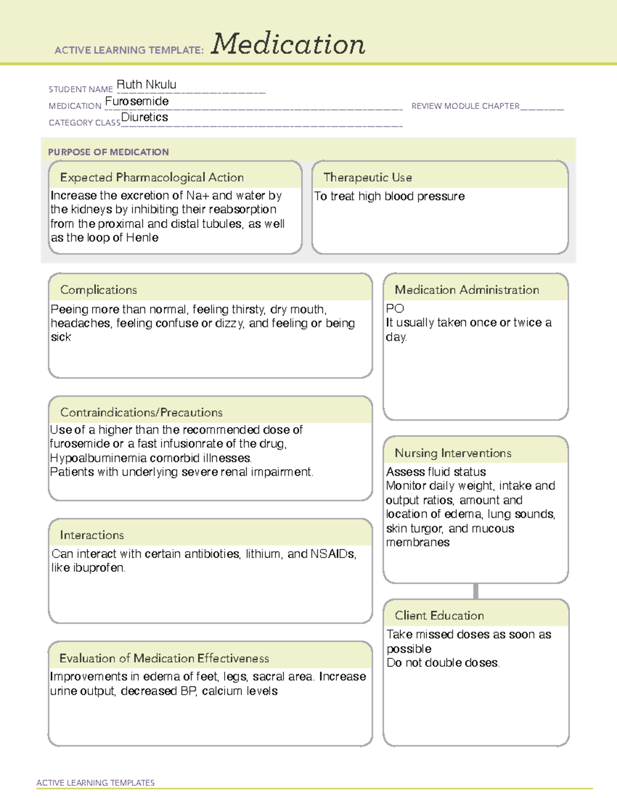 Furosemide - ACTIVE LEARNING TEMPLATES Medication STUDENT NAME