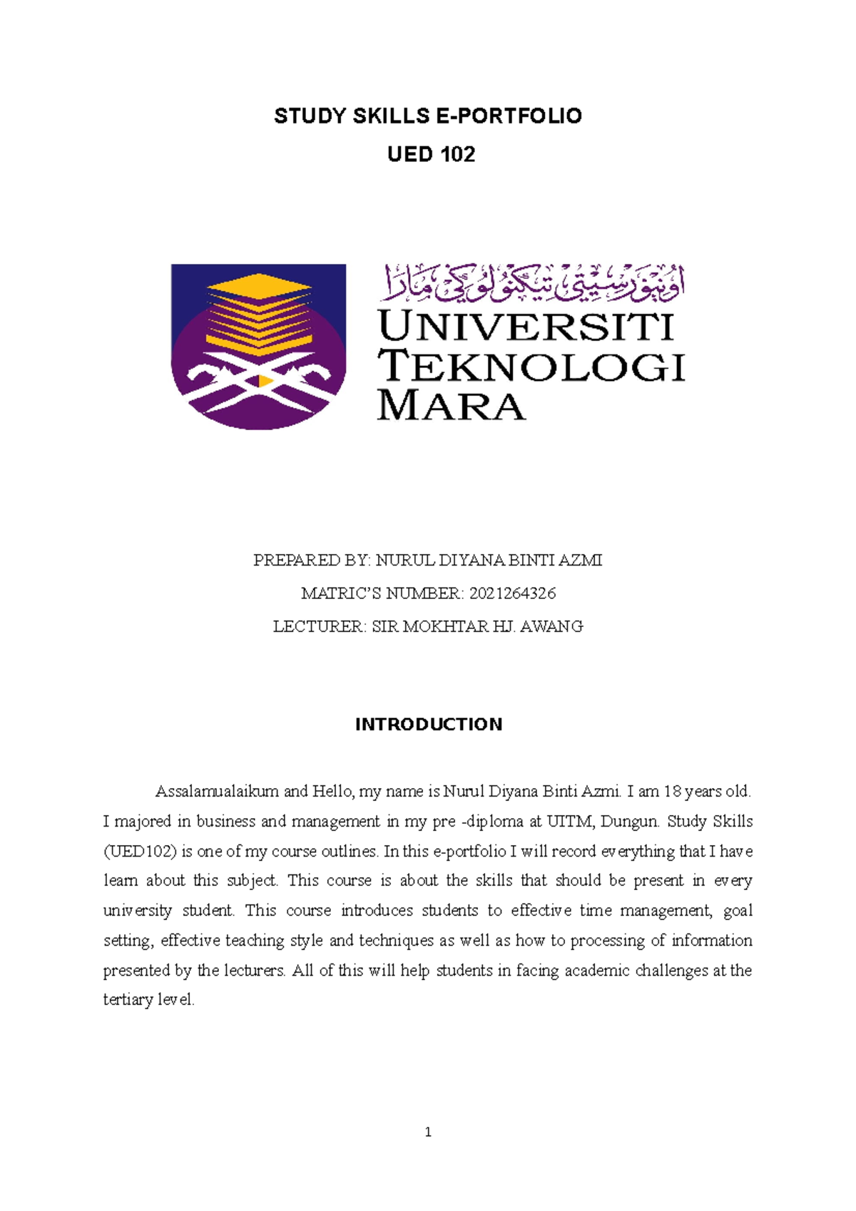 assignment contoh portfolio ued 102 uitm