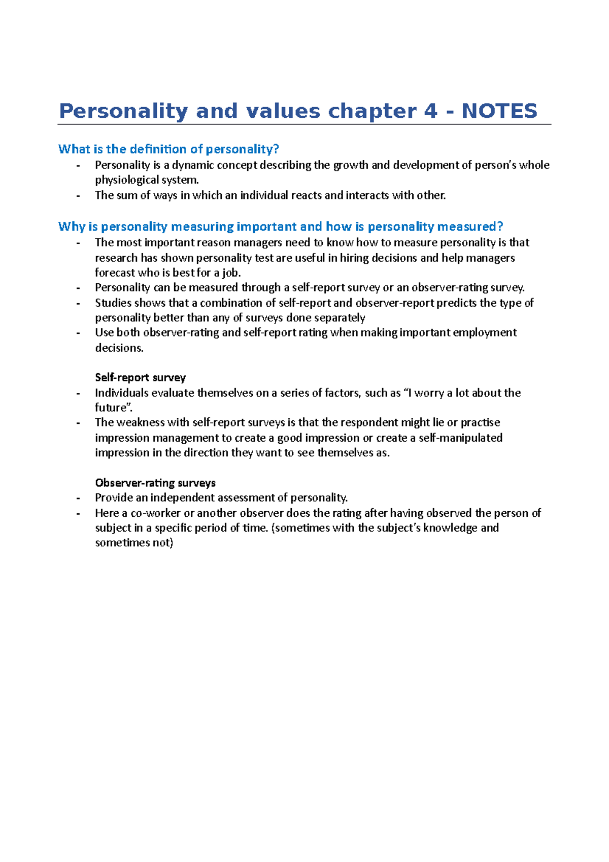 Personality and values chapter 4 - Notes - The sum of ways in which an ...