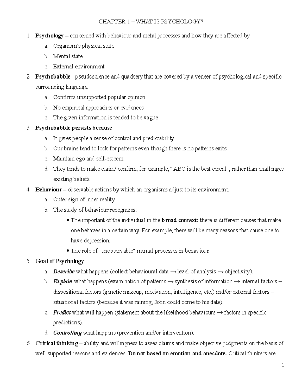 Lecture Notes, Lecture 1 - Chapter 1 - CHAPTER 1 WHAT IS PSYCHOLOGY? 1 ...