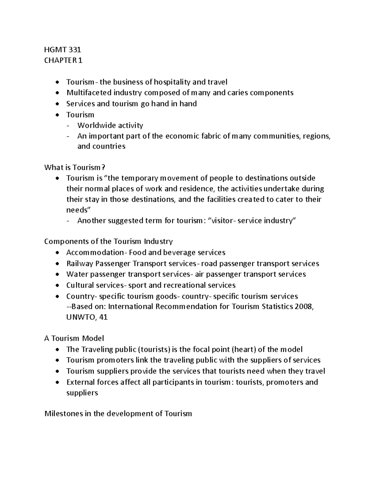 HGMT 331- CHApter 1 notes - HGMT 331 CHAPTER 1 Tourism- the business of ...