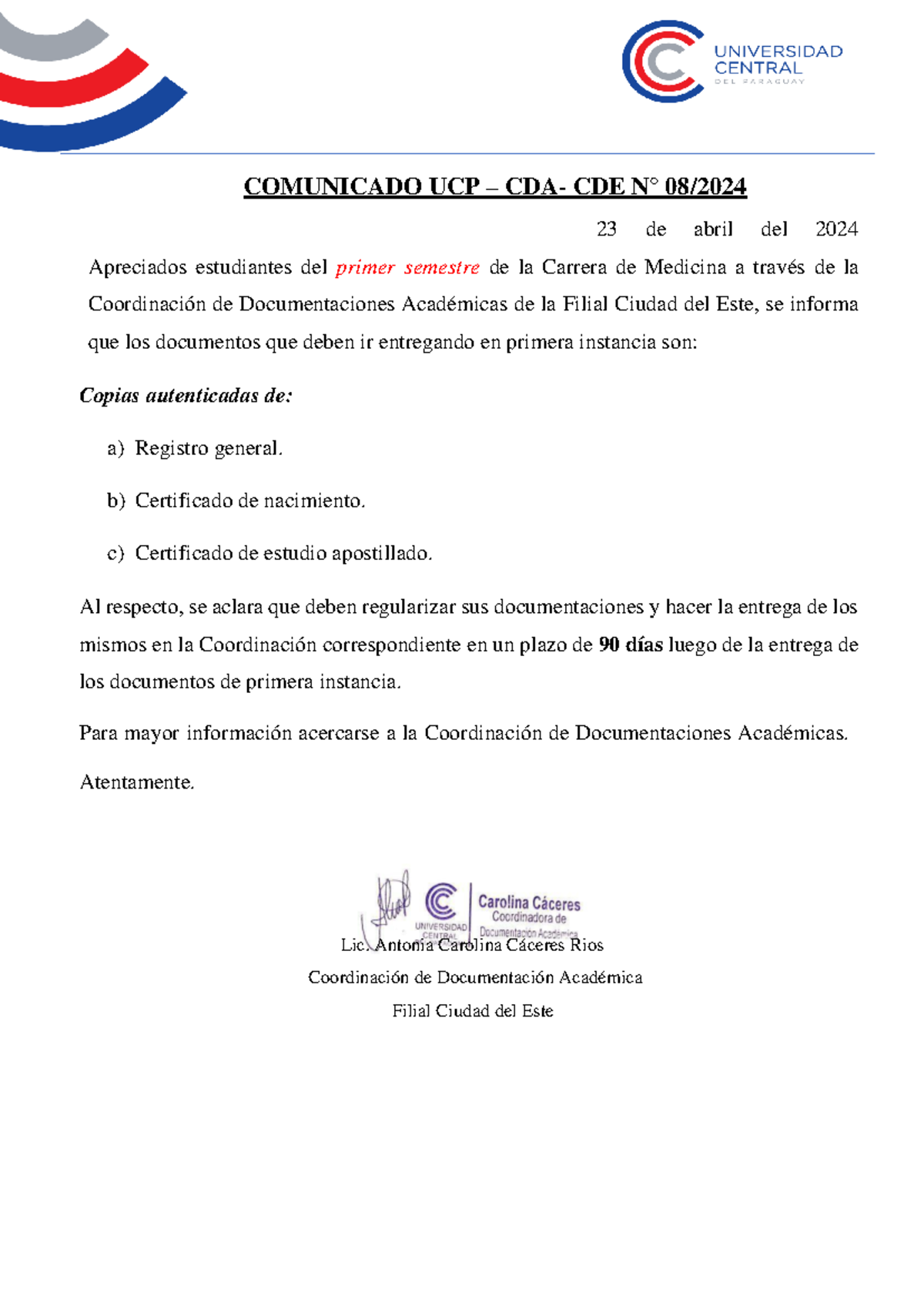 Comunicado 008 Cdacde 2024 - COMUNICADO UCP – CDA- CDE N° 08 / 23 De ...