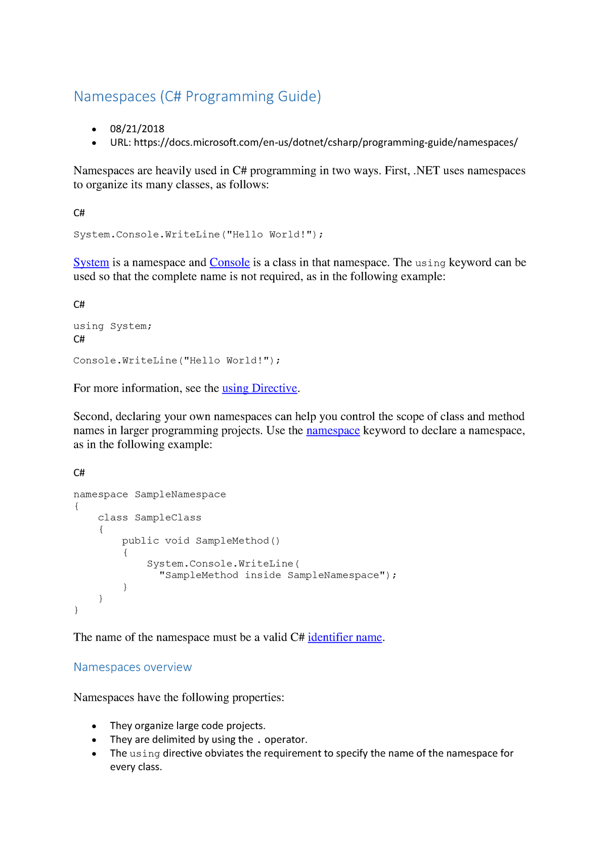 Namespaces (C# Programming Guide) - Microsoft/en-us/dotnet/csharp ...