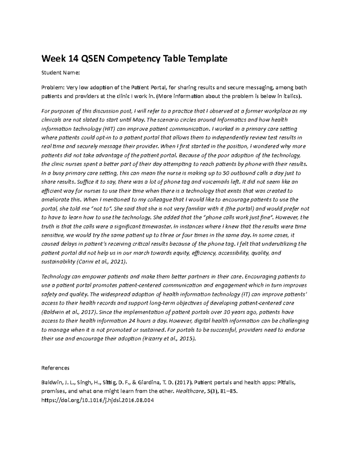 Week 14 QSEN Assignment - Week 14 QSEN Competency Table Template ...