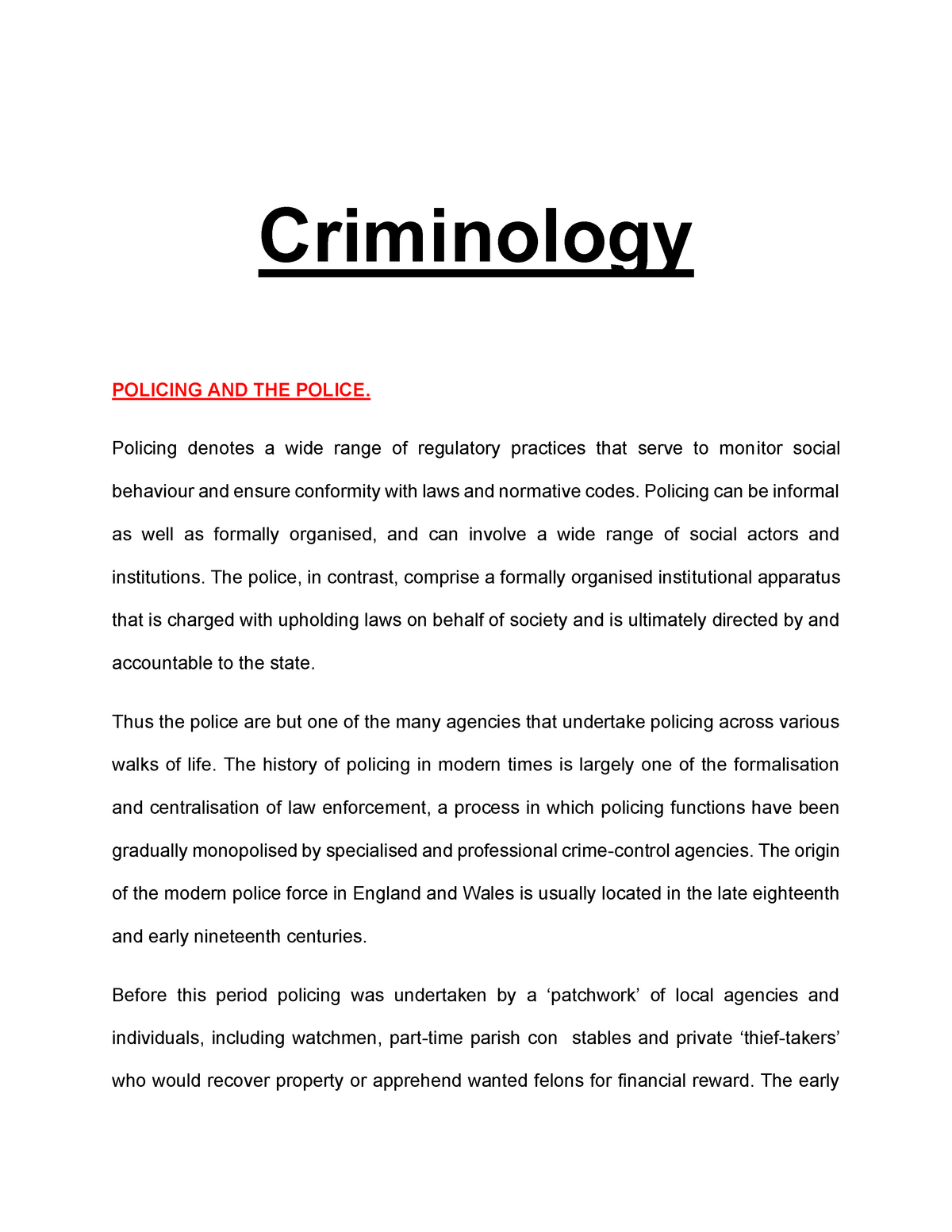 Policing AND THE Police - Criminology POLICING AND THE POLICE. Policing ...