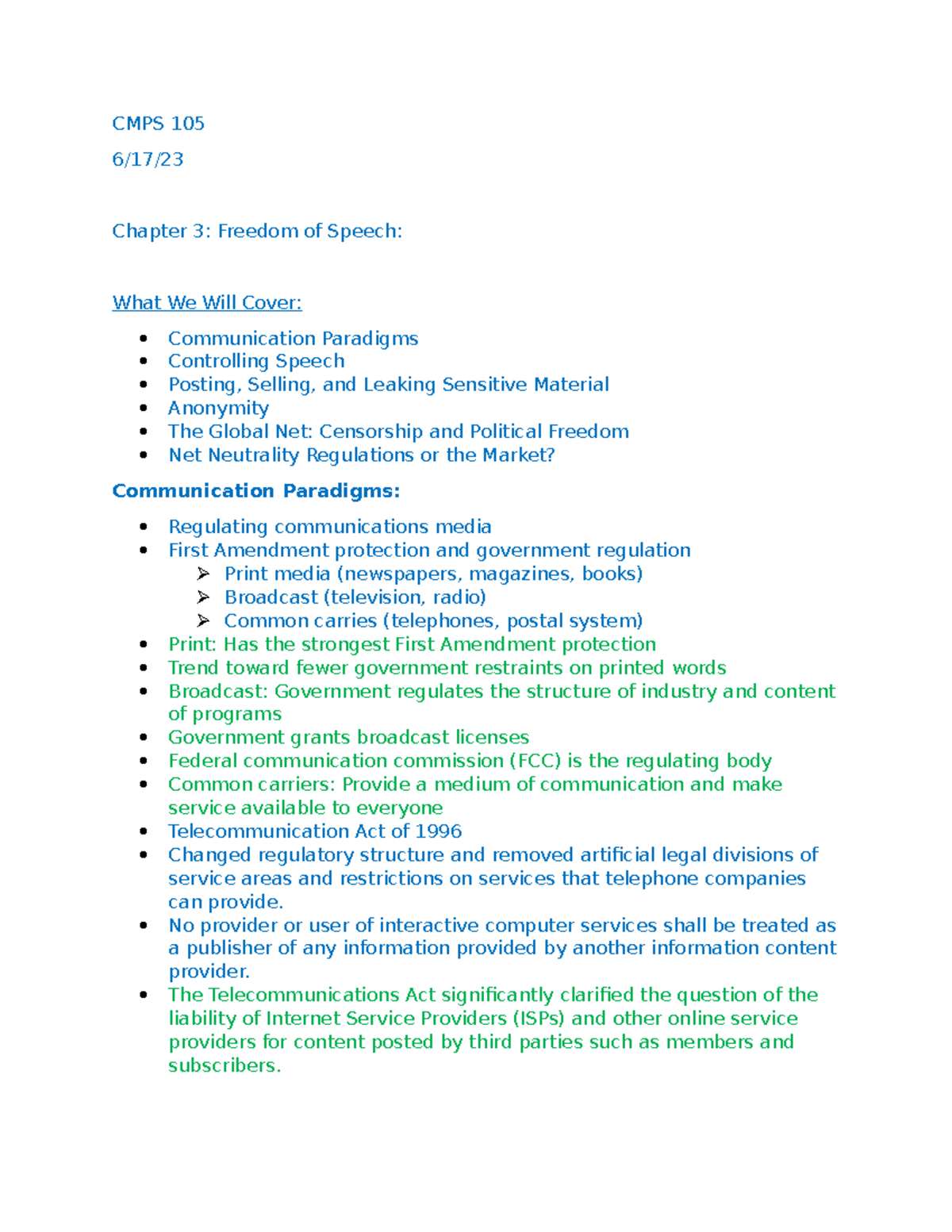 CMPS 105 chapter 3 notes - CMPS 105 6/17/ Chapter 3: Freedom of Speech ...