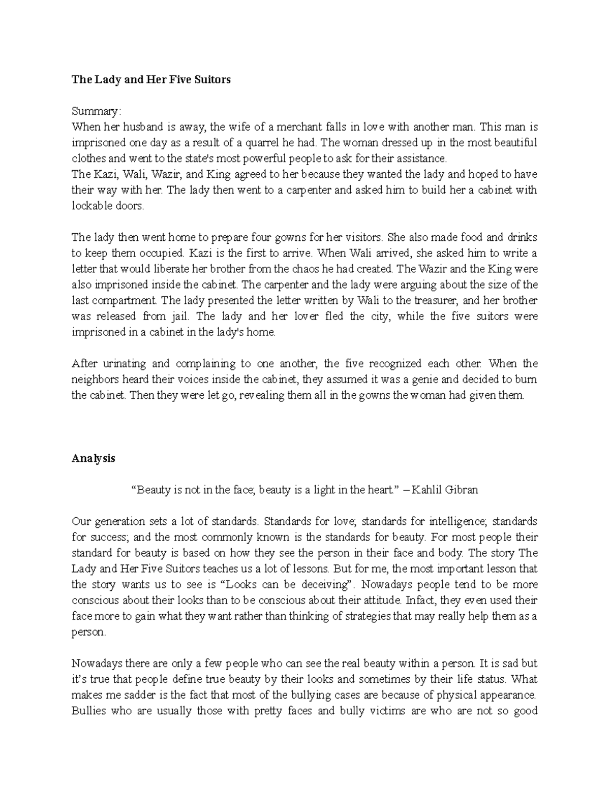 The Lady and Her Five Suitors (Summary, activity, analysis) The Lady