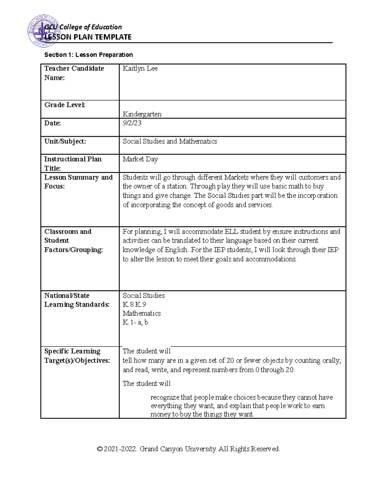 Benchmark 1 - LESSON PLAN TEMPLATE Section 1: Lesson Preparation ...