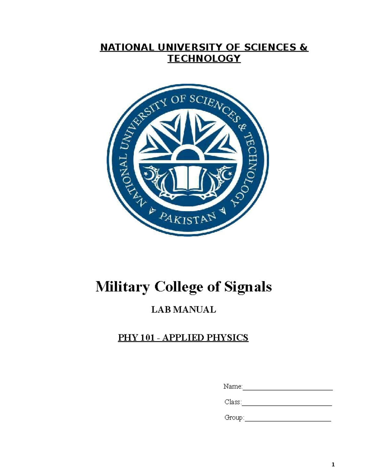 Lab Manual Physics (Dec 2017 ) NATIONAL UNIVERSITY OF SCIENCES