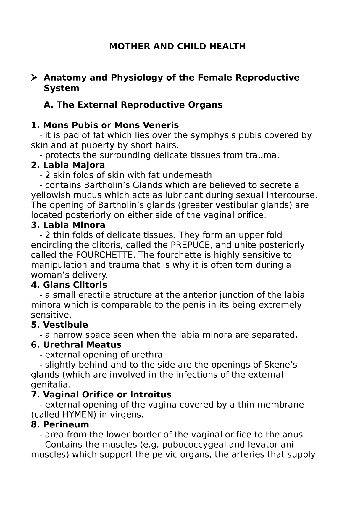 Mother AND Child Health notebook - MOTHER AND CHILD HEALTH  Anatomy and  Physiology of the Female - Studocu