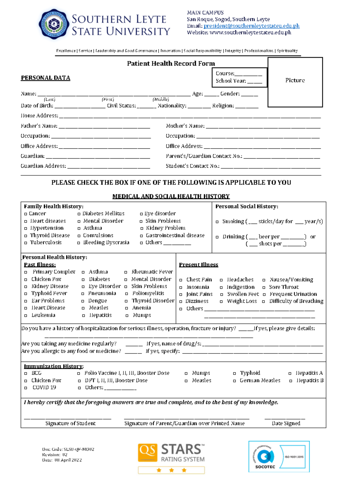QF MD02 Patient Health Record FORM - Excellence | Service | Leadership ...