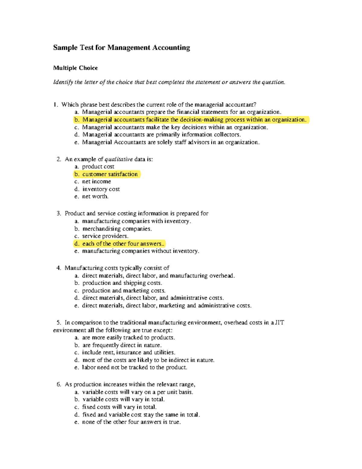 Managerialquiz - practice - Sample Test for Management Accounting ...