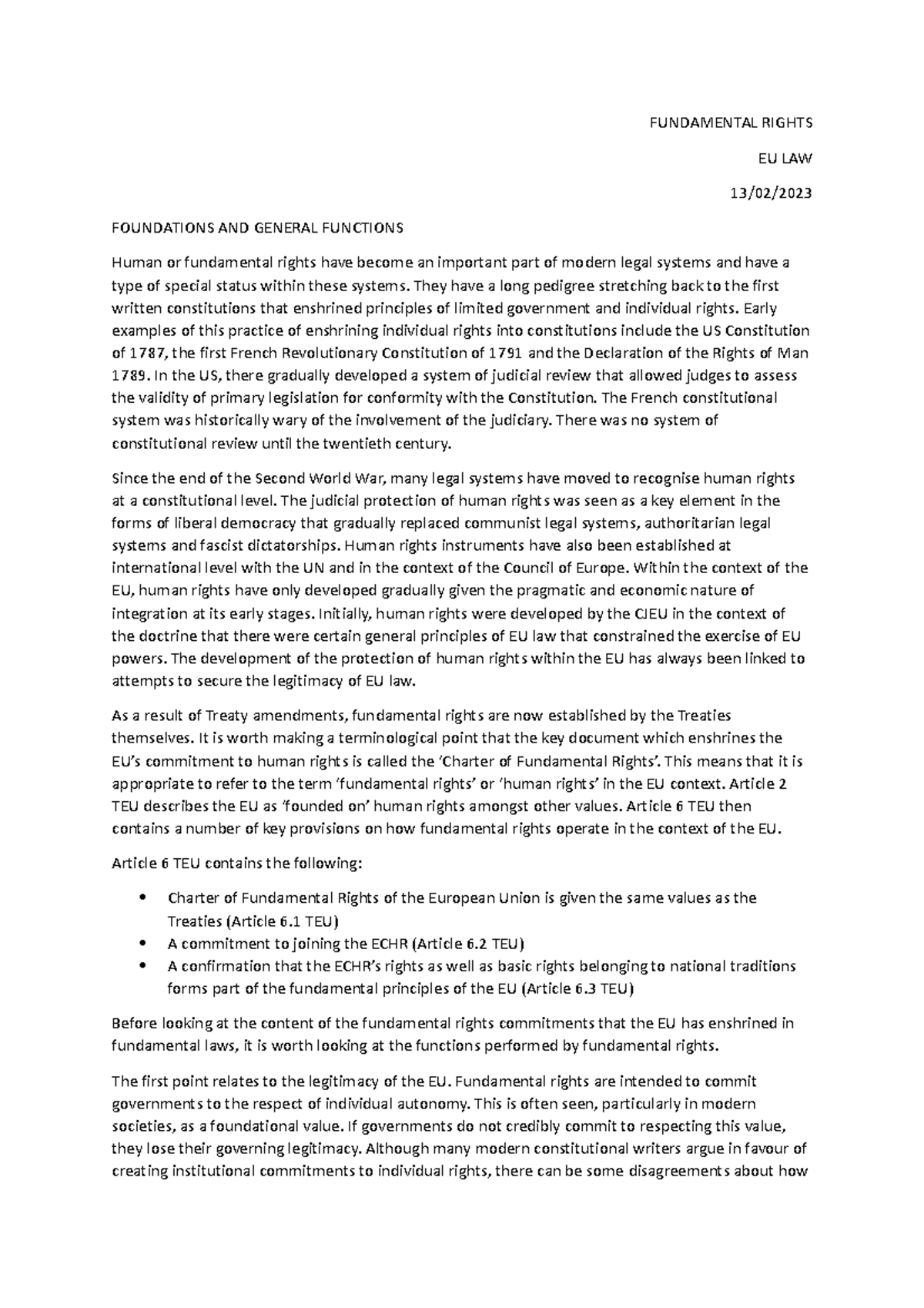 Fundamental Rights - lecture notes - FUNDAMENTAL RIGHTS EU LAW 13/02 ...
