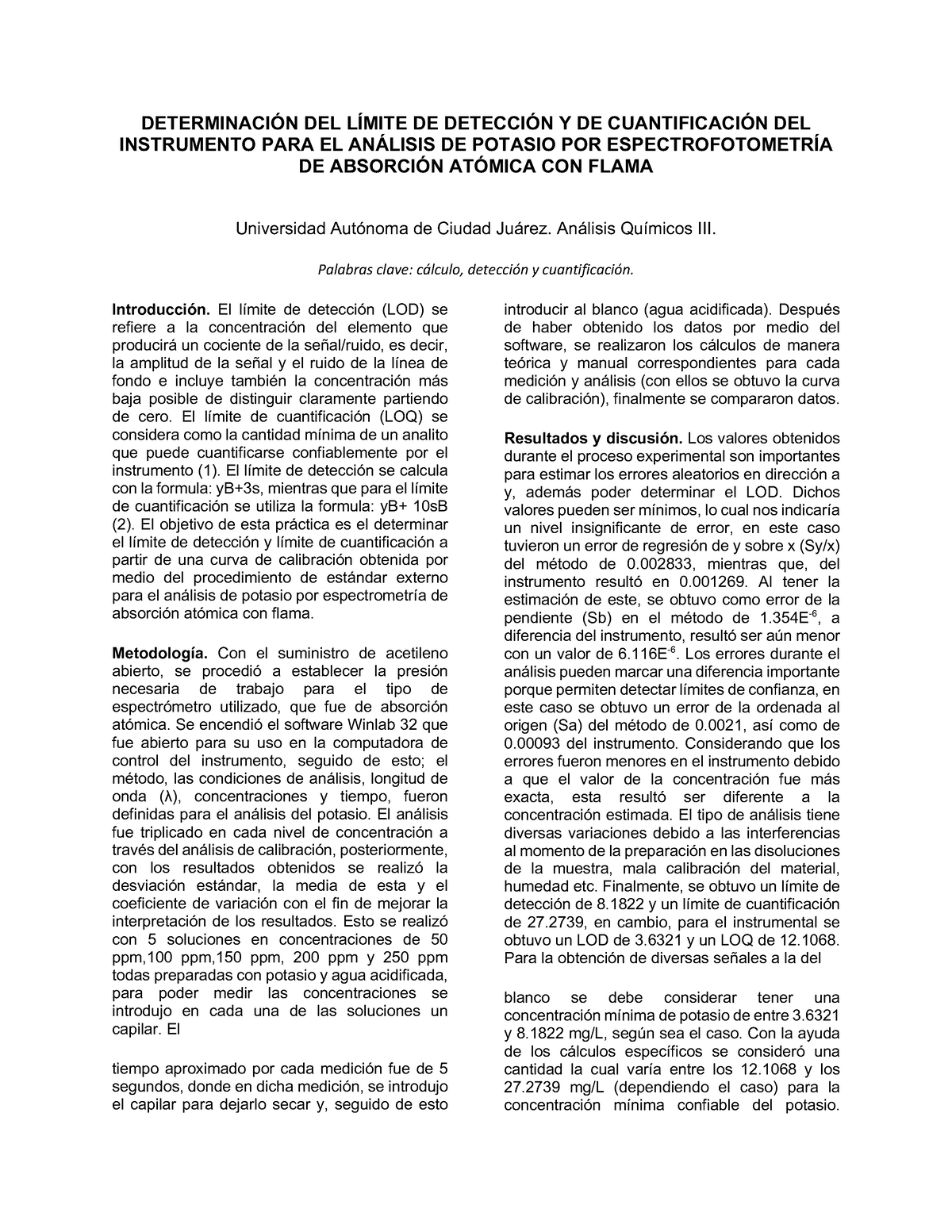 Práctica 5 Análisis III - DETERMINACIÓN DEL LÍMITE DE DETECCIÓN Y DE ...