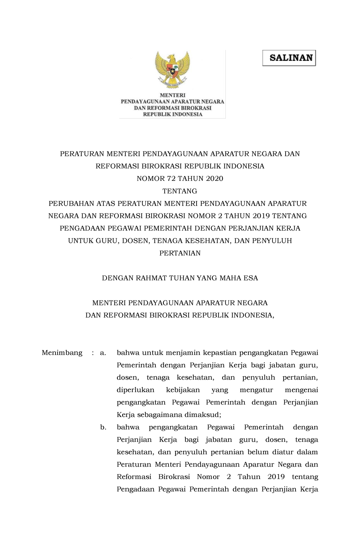 Permenpan RB Nomor 72 Tahun 2020 - PERATURAN MENTERI PENDAYAGUNAAN ...