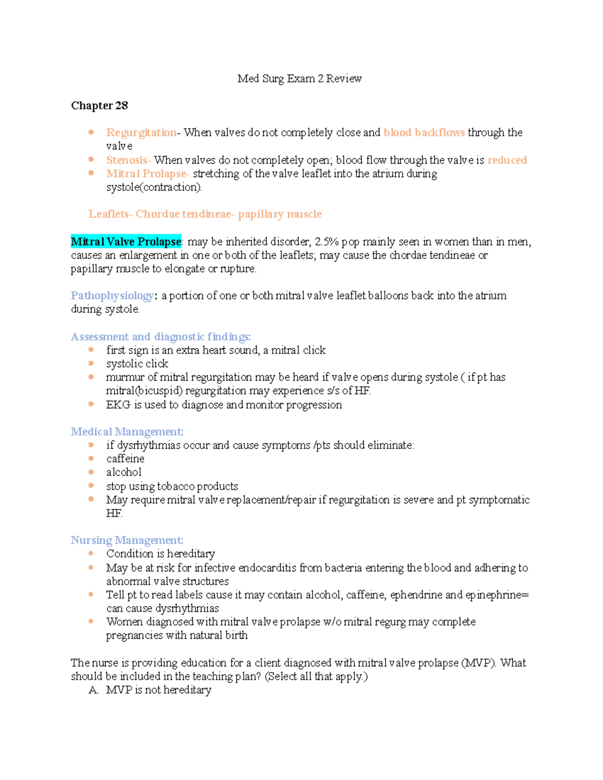 Med Surg Exam 2 Review chpater 28 - Med Surg Exam 2 Review Chapter 28 ...
