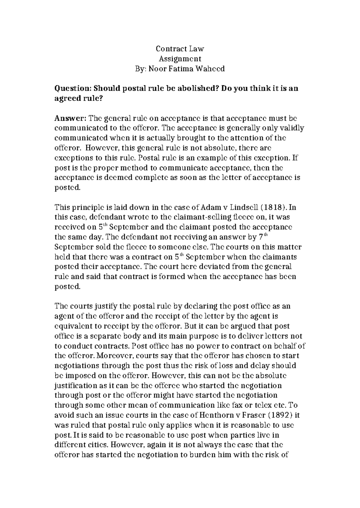 Contract Law llb - coursework - Contract Law Assignment By: Noor Fatima ...