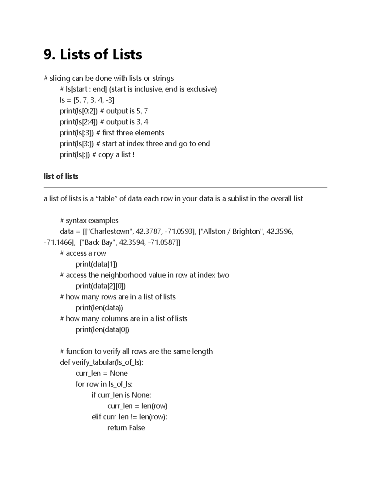 9. Lists of Lists - Professor Felix Muzny - 9. Lists of Lists slicing ...