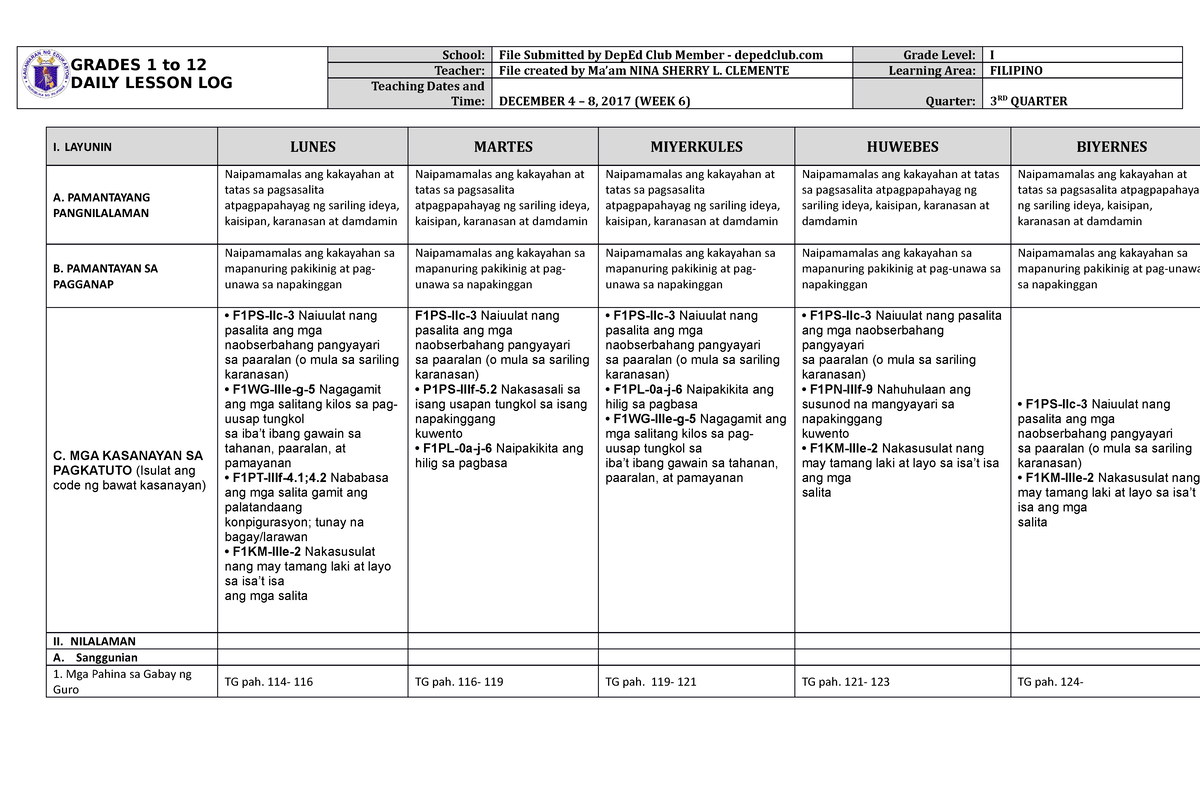 DLL Filipino 1 Q3 W6 - Basic DLL - GRADES 1 To 12 DAILY LESSON LOG ...