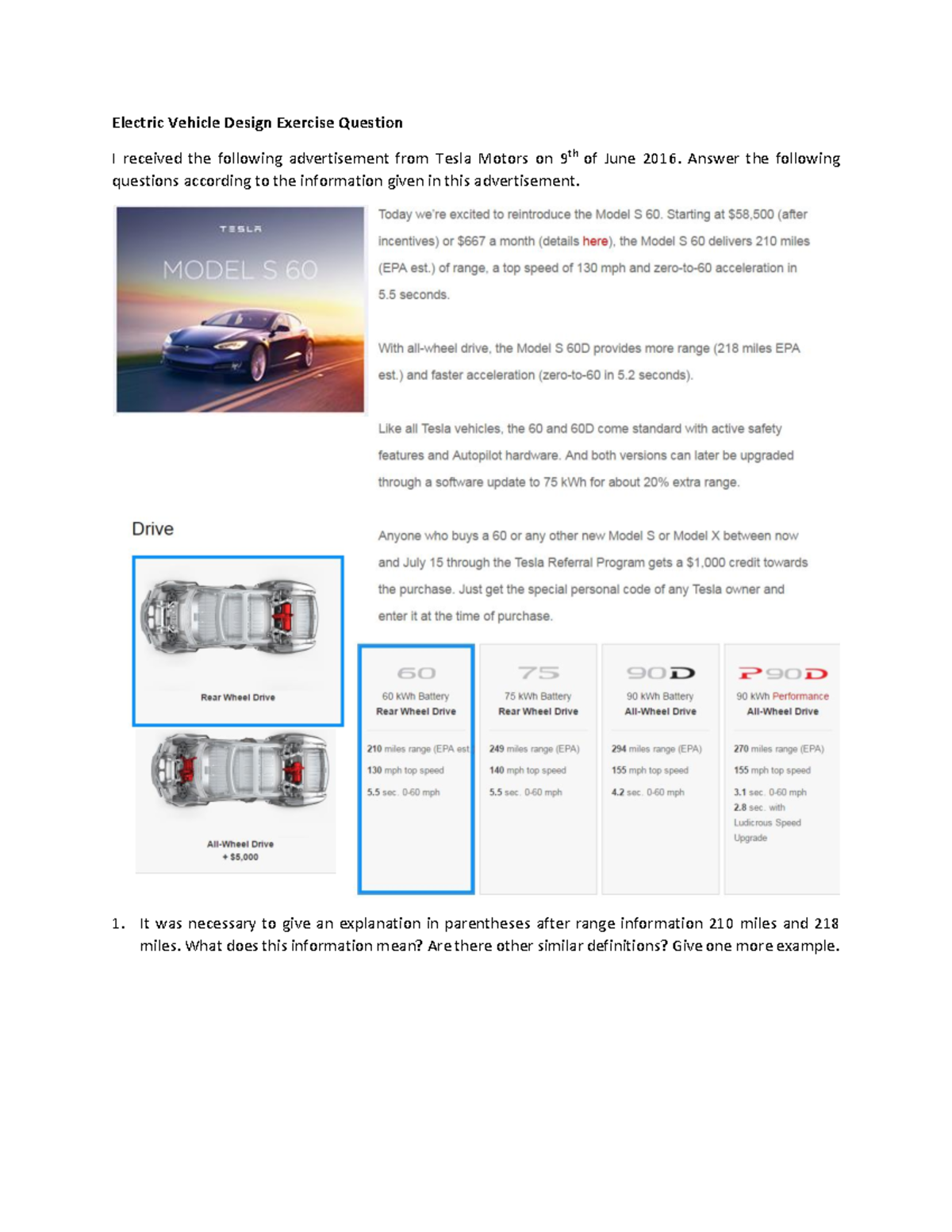 Exercise Electric Vehicle Design Question Electric Vehicle Design