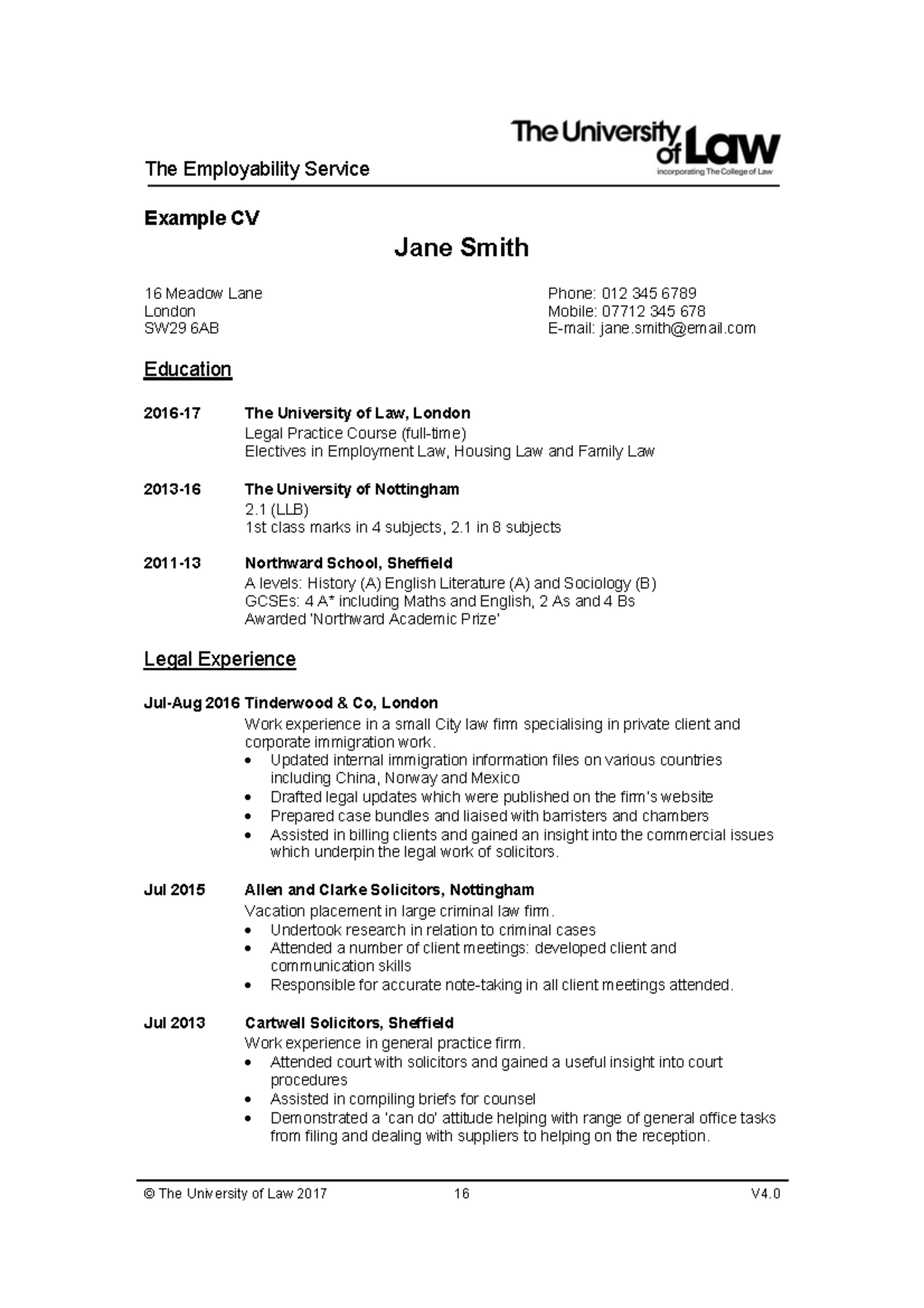 Example CV Template - The Employability Service © The University of Law ...
