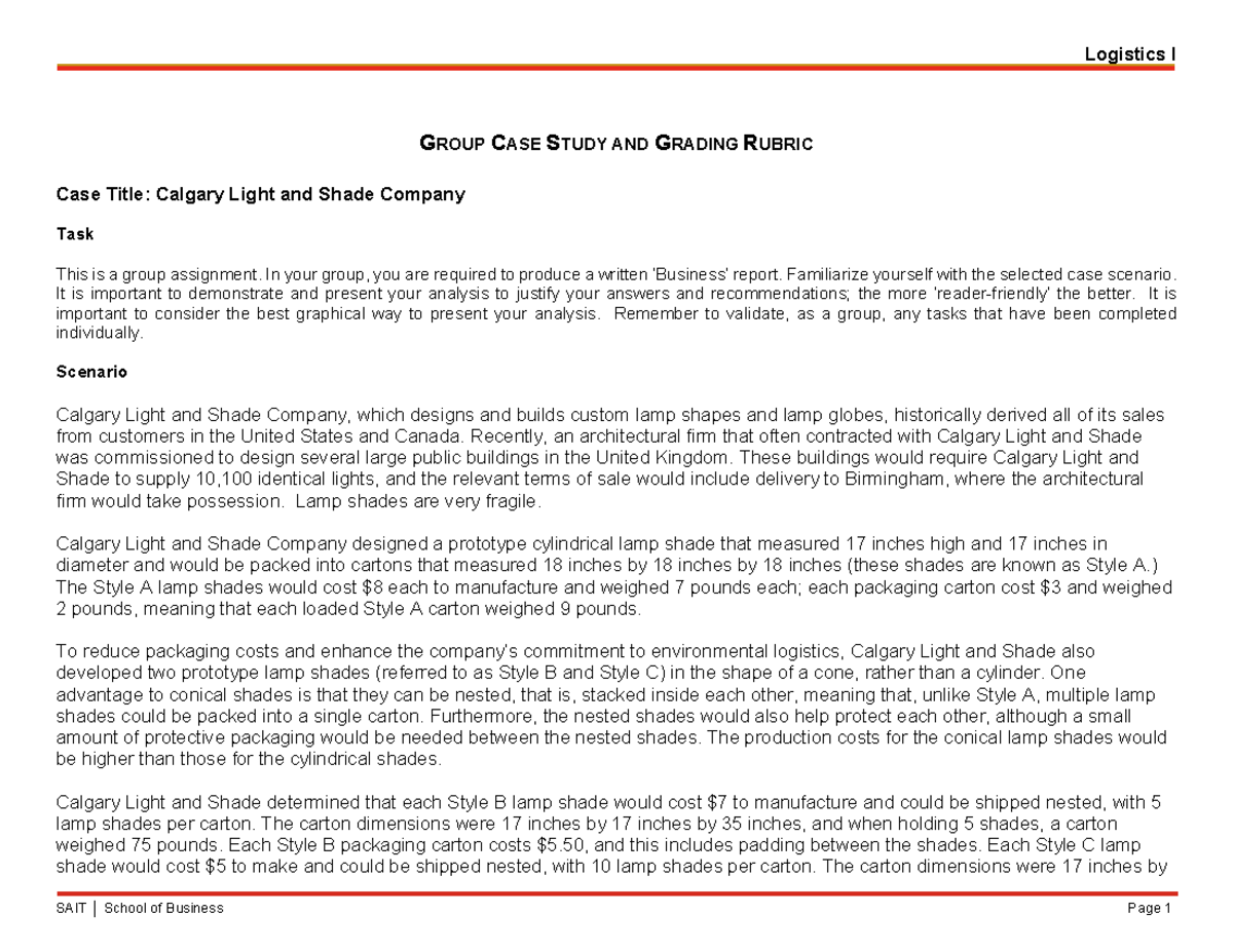SCMT310 Case Study Calgary Light & Shade Tasker & Rubric GROUP