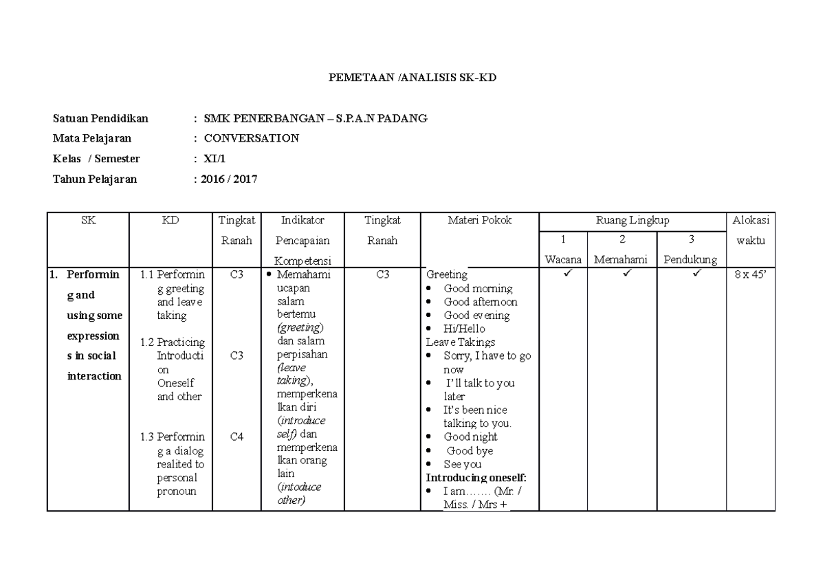 Analisis SK-KD - LESSON PLAN - PEMETAAN /ANALISIS SK-KD Satuan ...