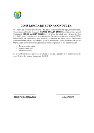 Constancia DE Buena Conducta - CONSTANCIA DE BUENA CONDUCTA Por medio del  presente Documento a - Studocu