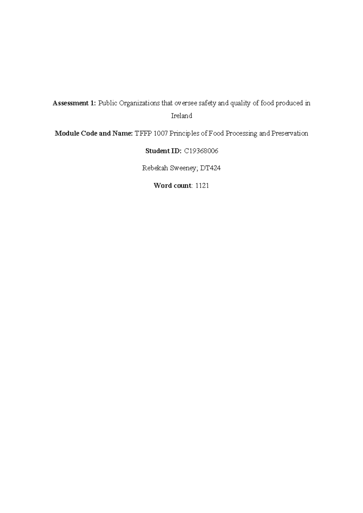 Assessment 1; Principles of food processing and preservation