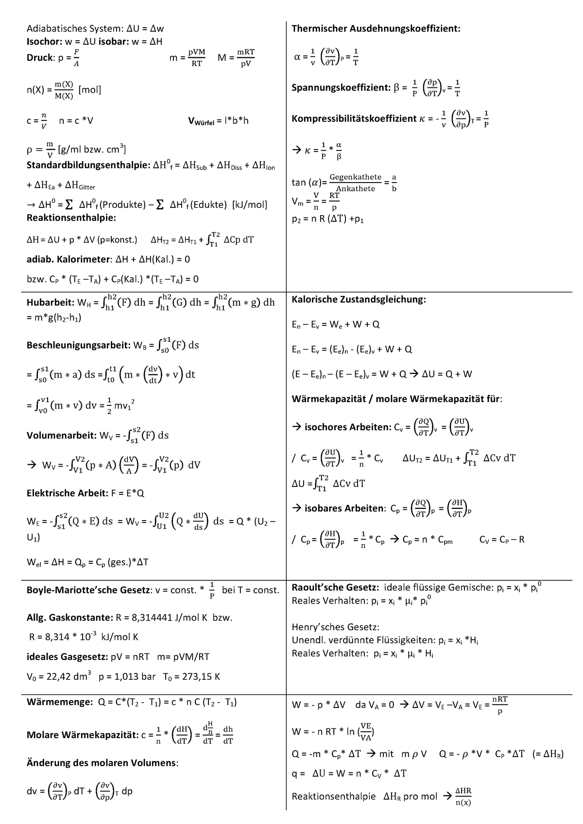 Formelsammlung Physikalische Chemie - Adiabatisches System: ∆U = ∆w ...