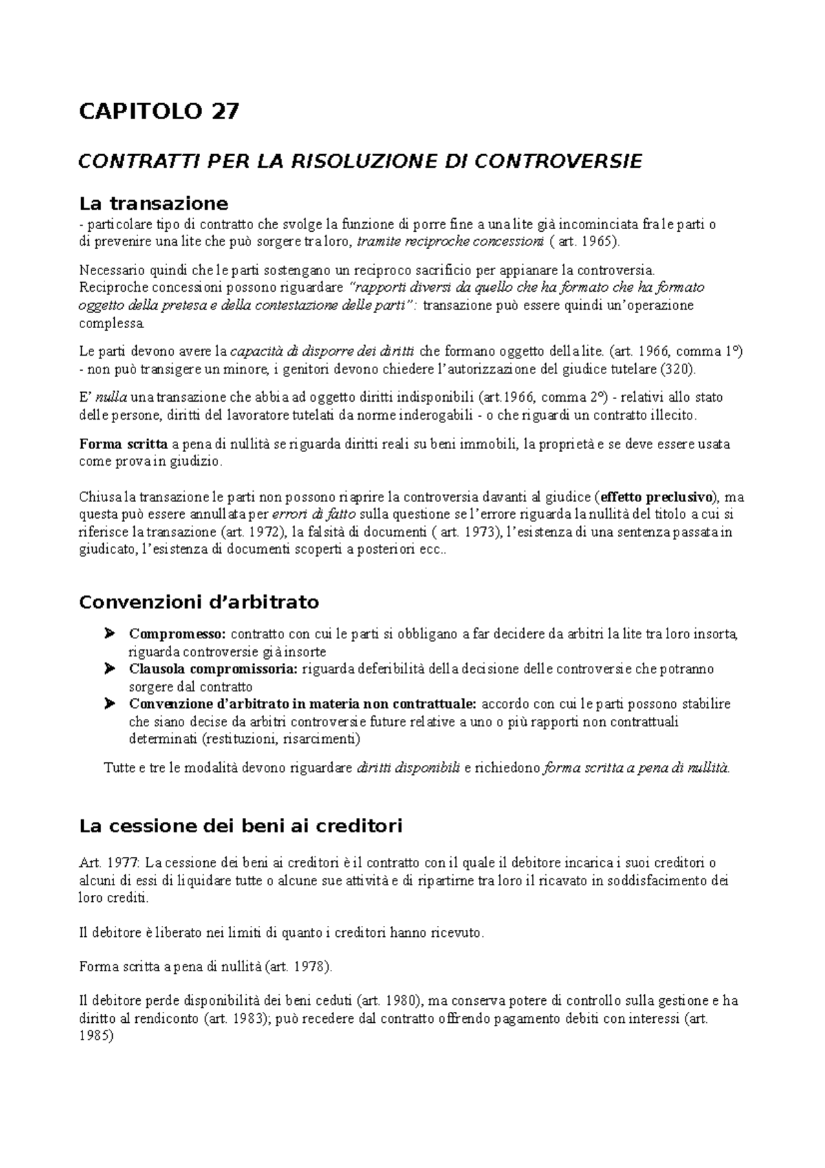 Cap. 27 Di Diritto Privato - CAPITOLO 27 CONTRATTI PER LA RISOLUZIONE ...