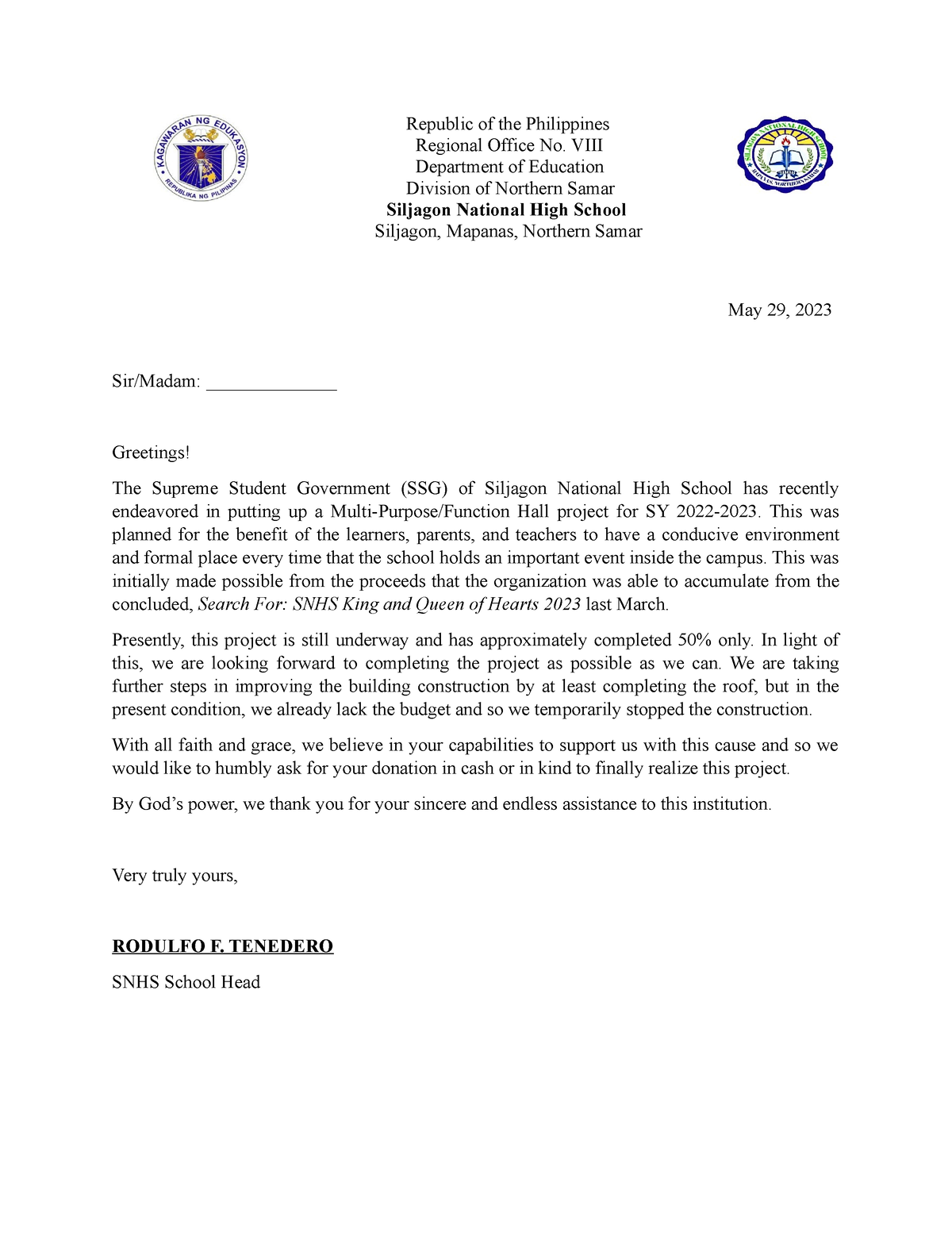 Solicitation Letter - Republic of the Philippines Regional Office No ...