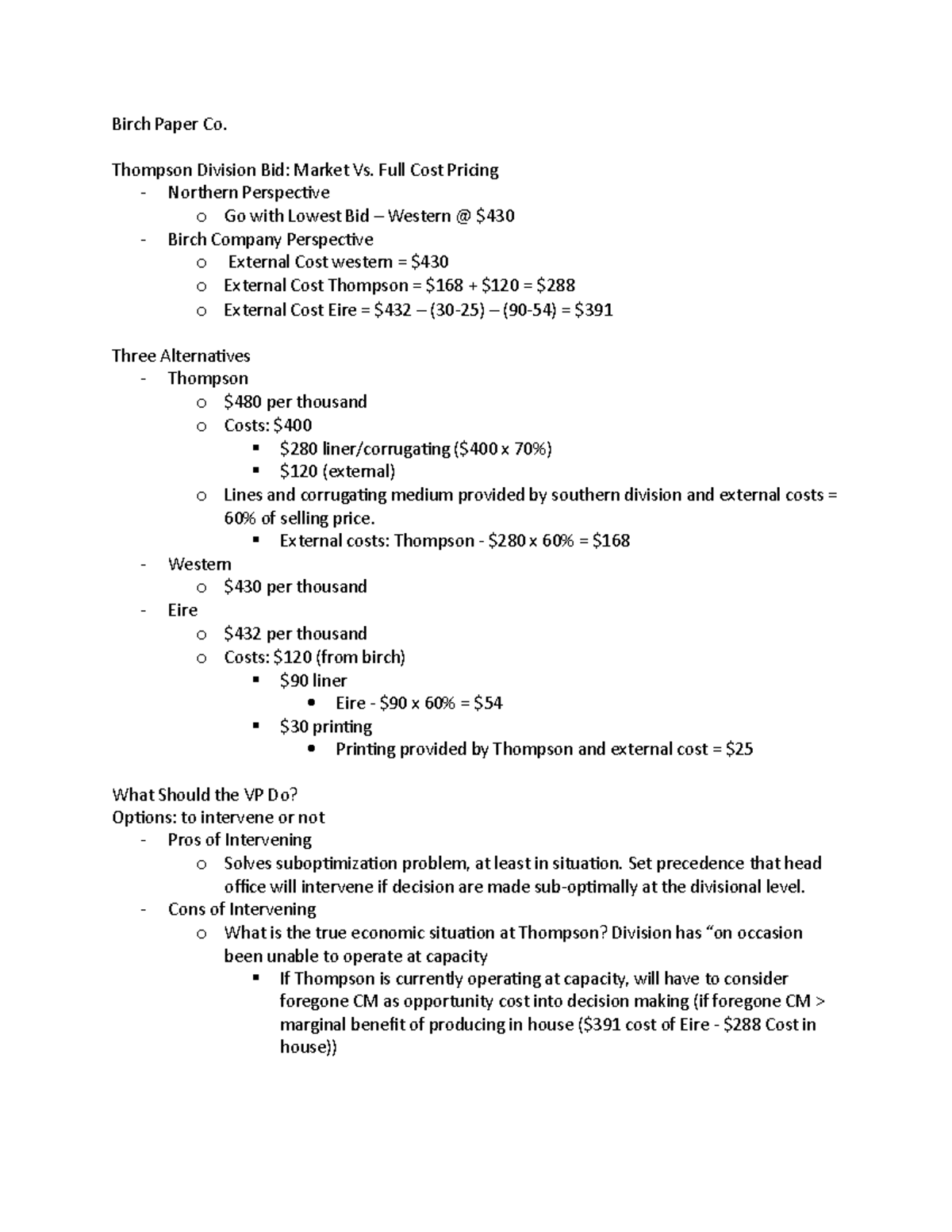 Birch Paper Co Case Summary Birch Paper Co. Thompson Division Bid