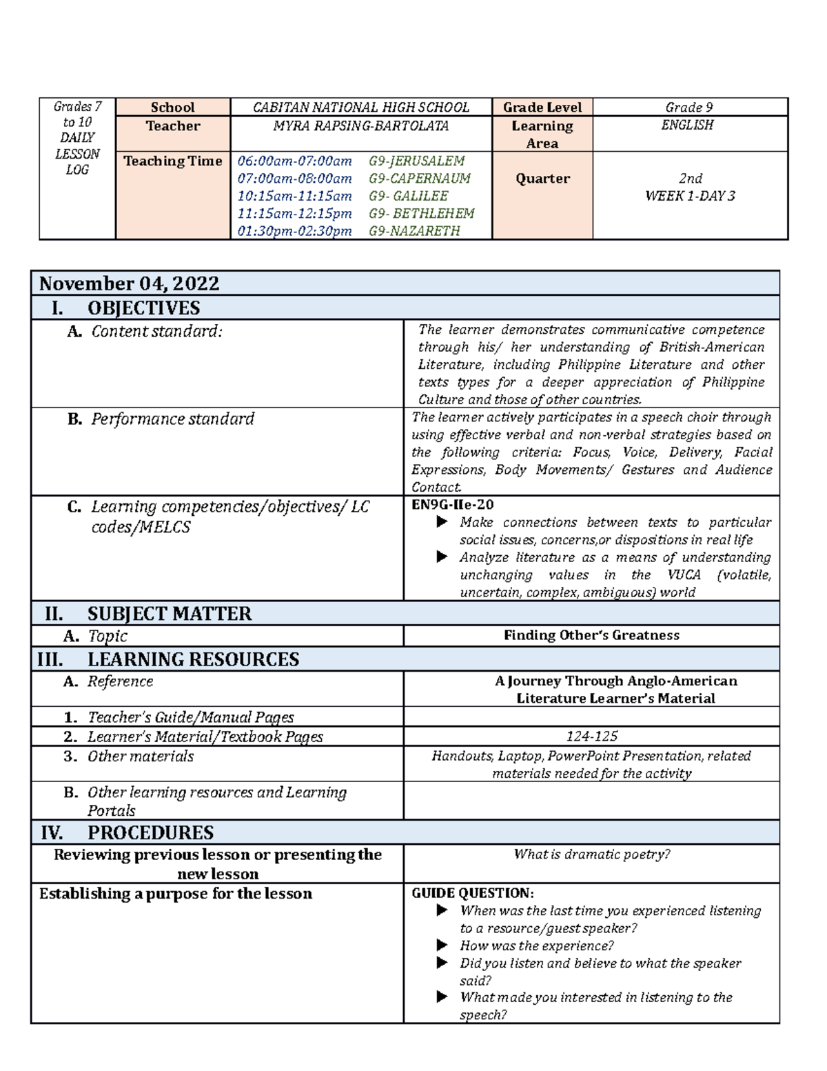 Q2- NOV 4-7 - DLP ENGLISH 9-Q2 - Grades 7 to 10 DAILY LESSON LOG School ...