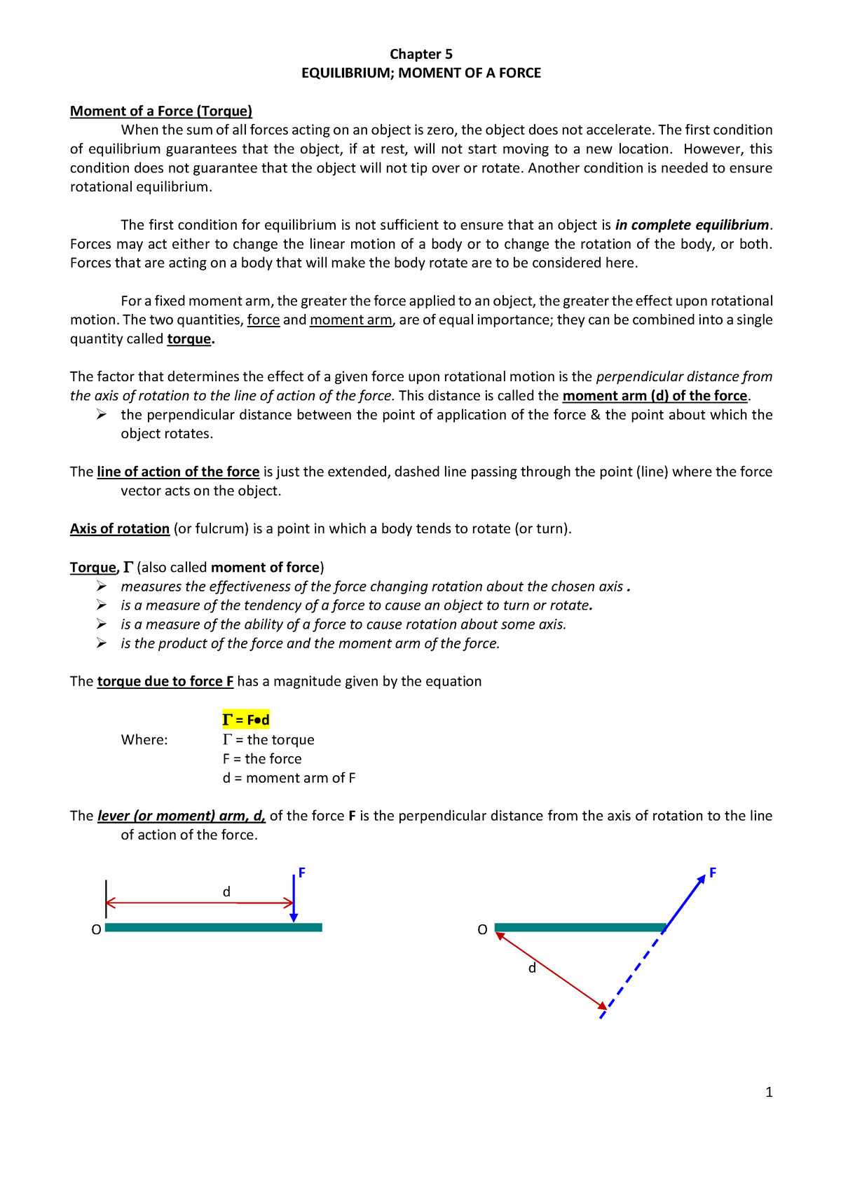 Chapter 5 summary - Chapter 5 EQUILIBRIUM; MOMENT OF A FORCE Moment of ...