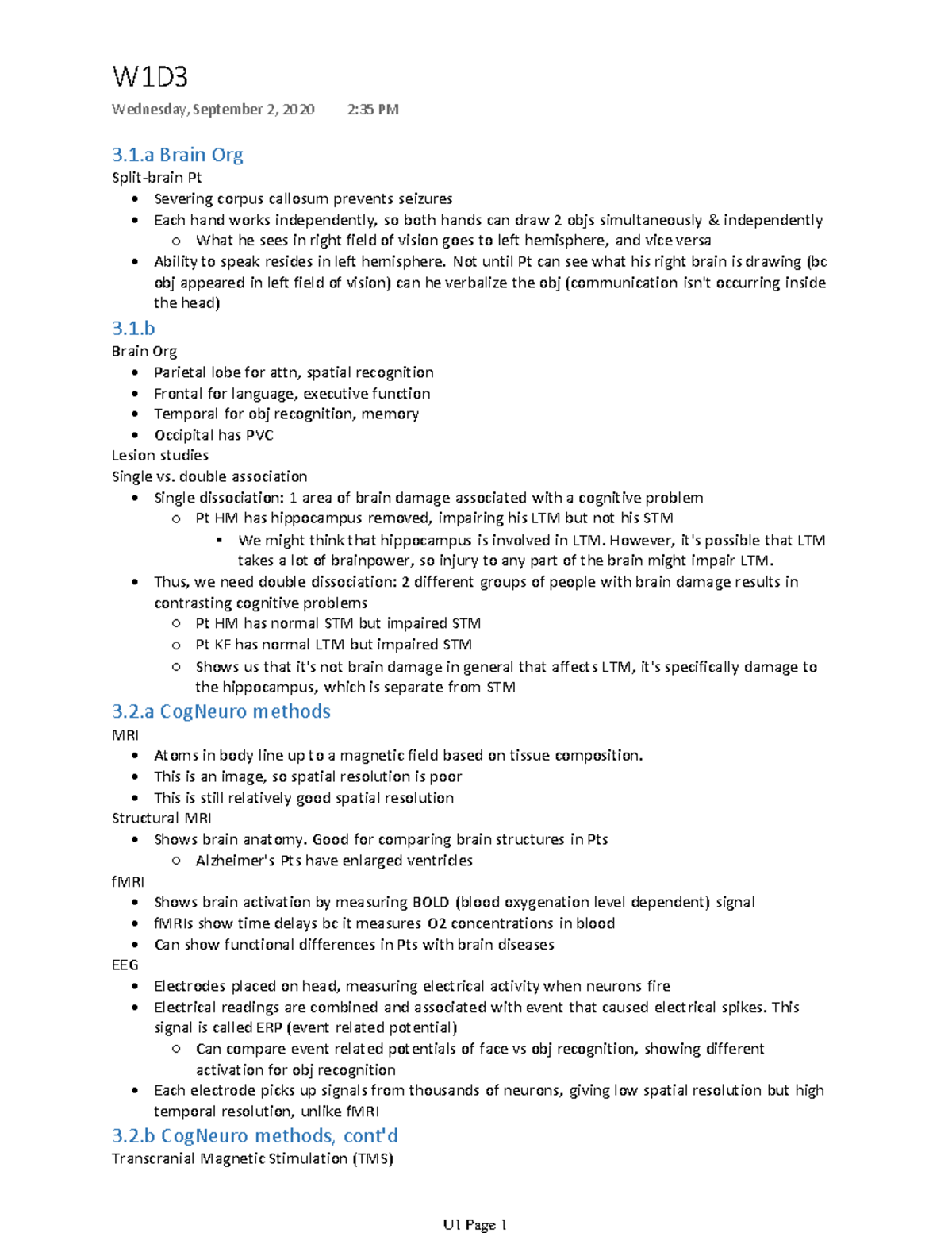 Week 1 Lecture 3 - Unit 1 notes, Zimmerman - 3.1 Brain Org Split-brain ...