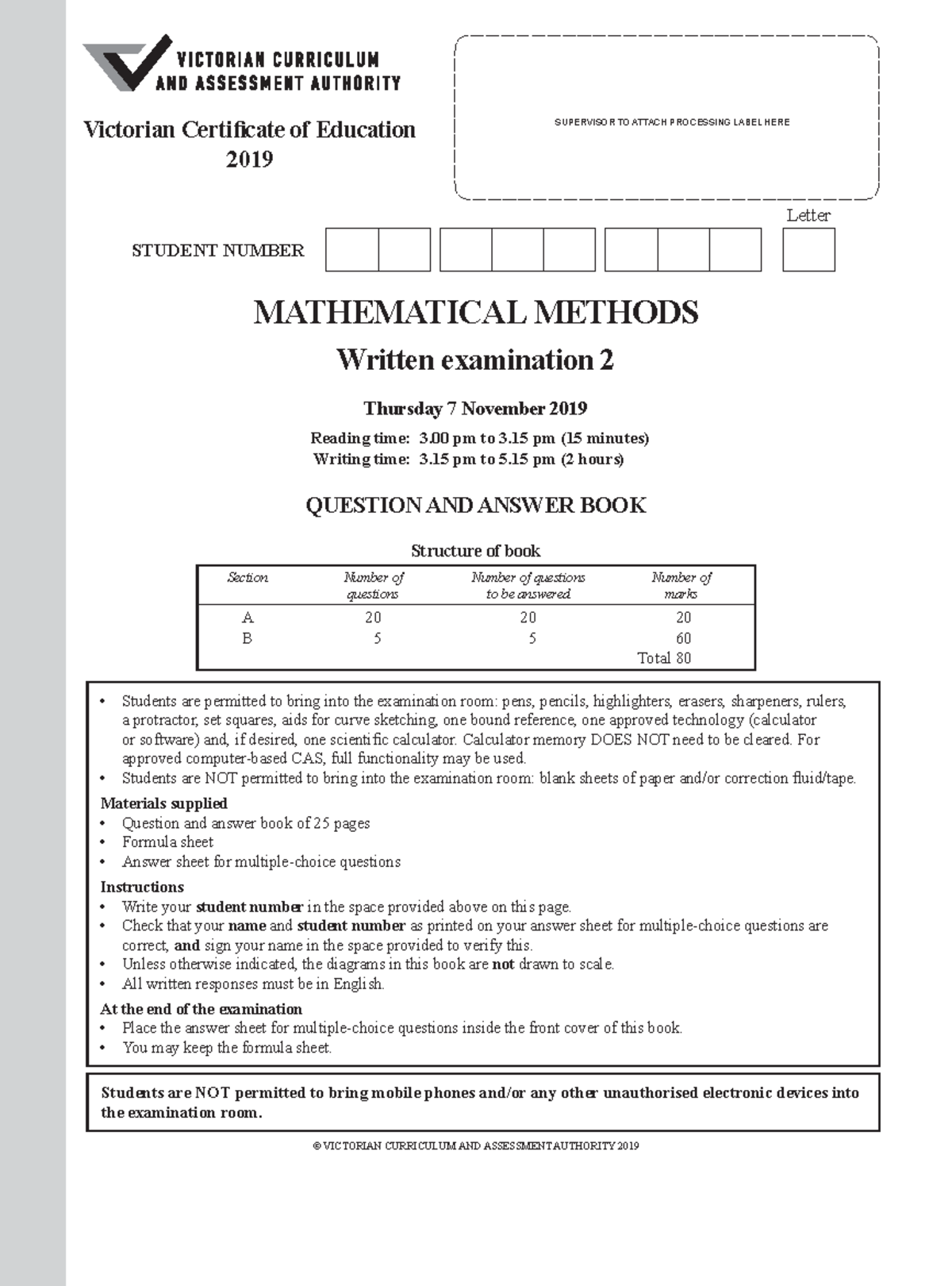 VCAA 2019 Exam 2 - MATHEMATICAL METHODS Written examination 2 Thursday ...